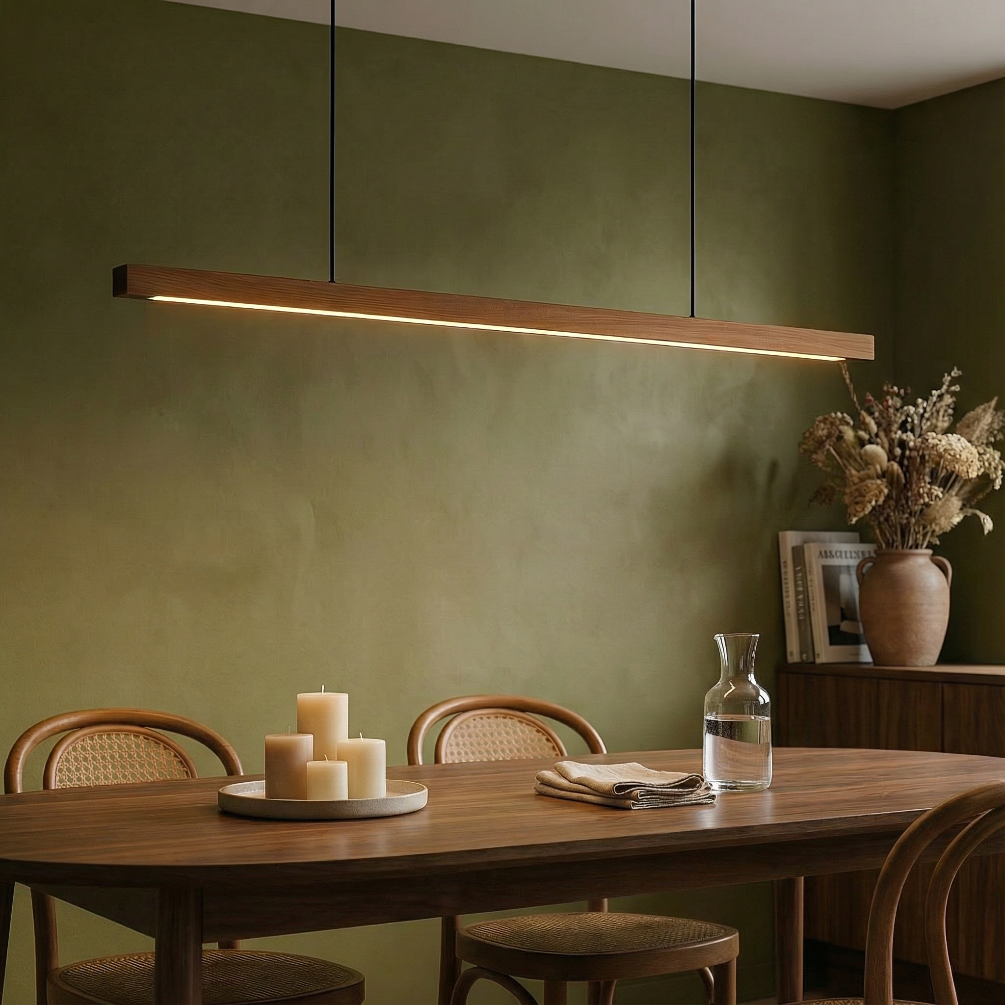 Modern Linear Wood Pendant Light | LED Ceiling Lamp for Kitchen Island & Dining Table