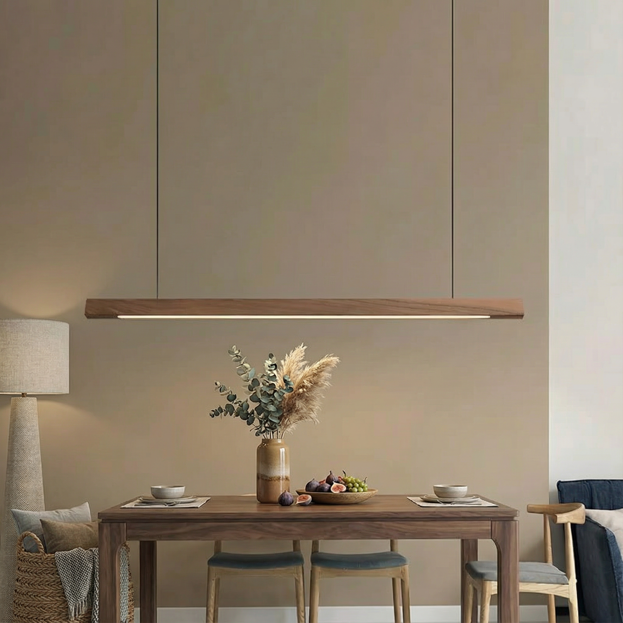 Modern Linear Wood Pendant Light | LED Ceiling Lamp for Kitchen Island & Dining Table