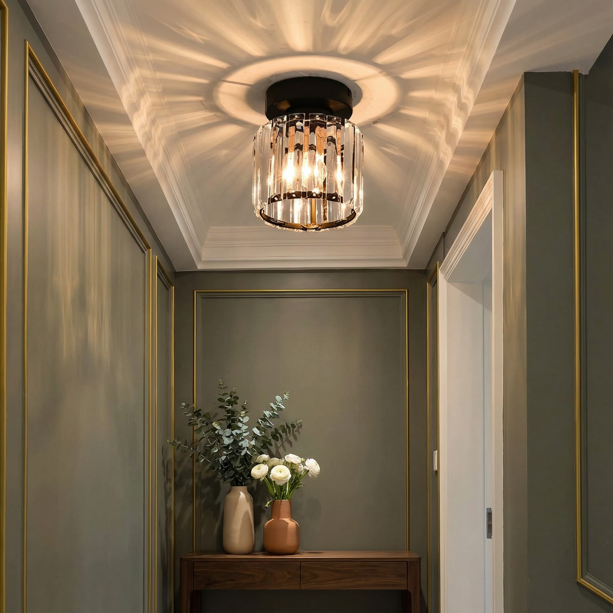 Luminara | Sleek Modern Crystal Brass Ceiling Light Fixture