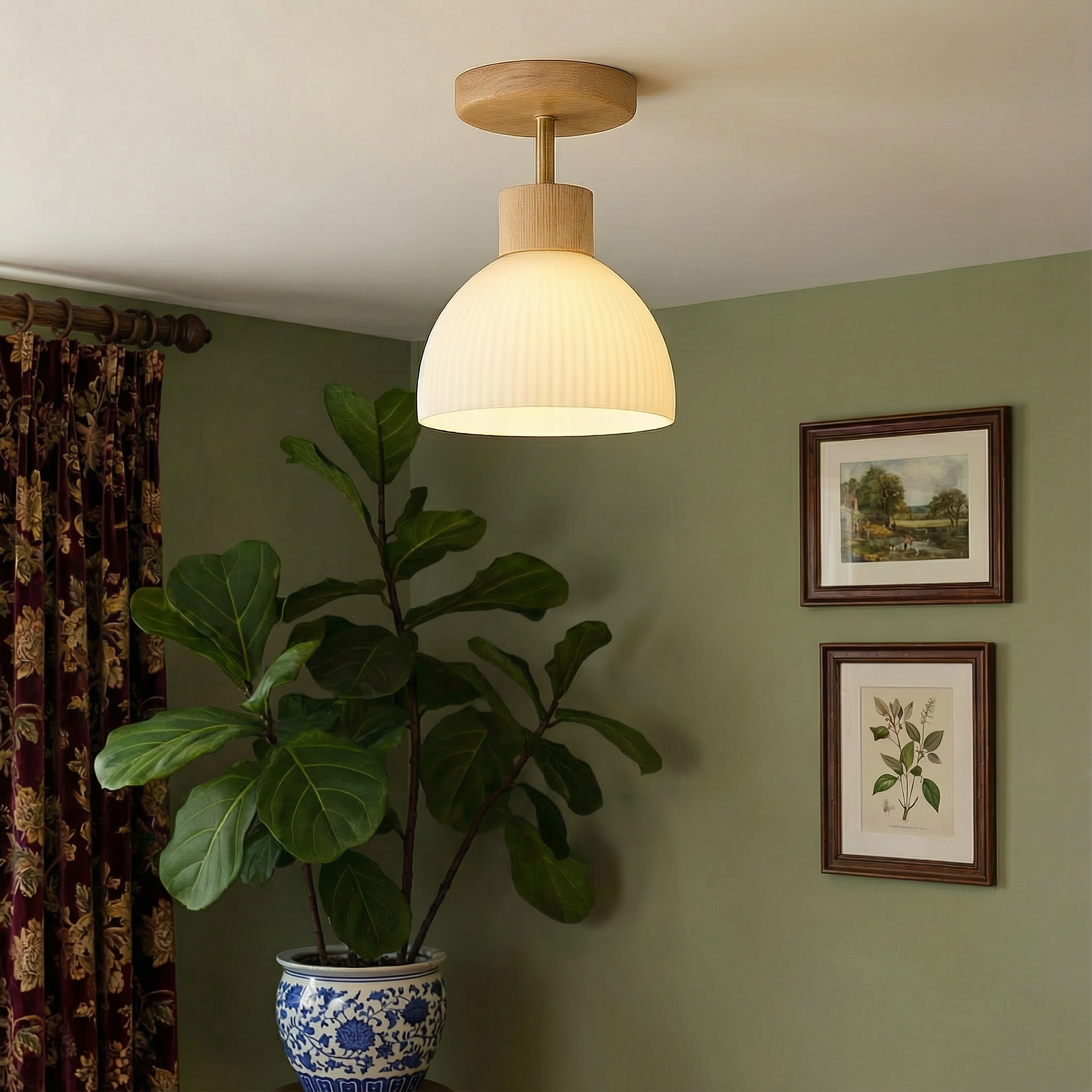 Modern Flush Mount Ceiling Light | Wood Glass Lamp for Hallway, Kitchen & Bedroom