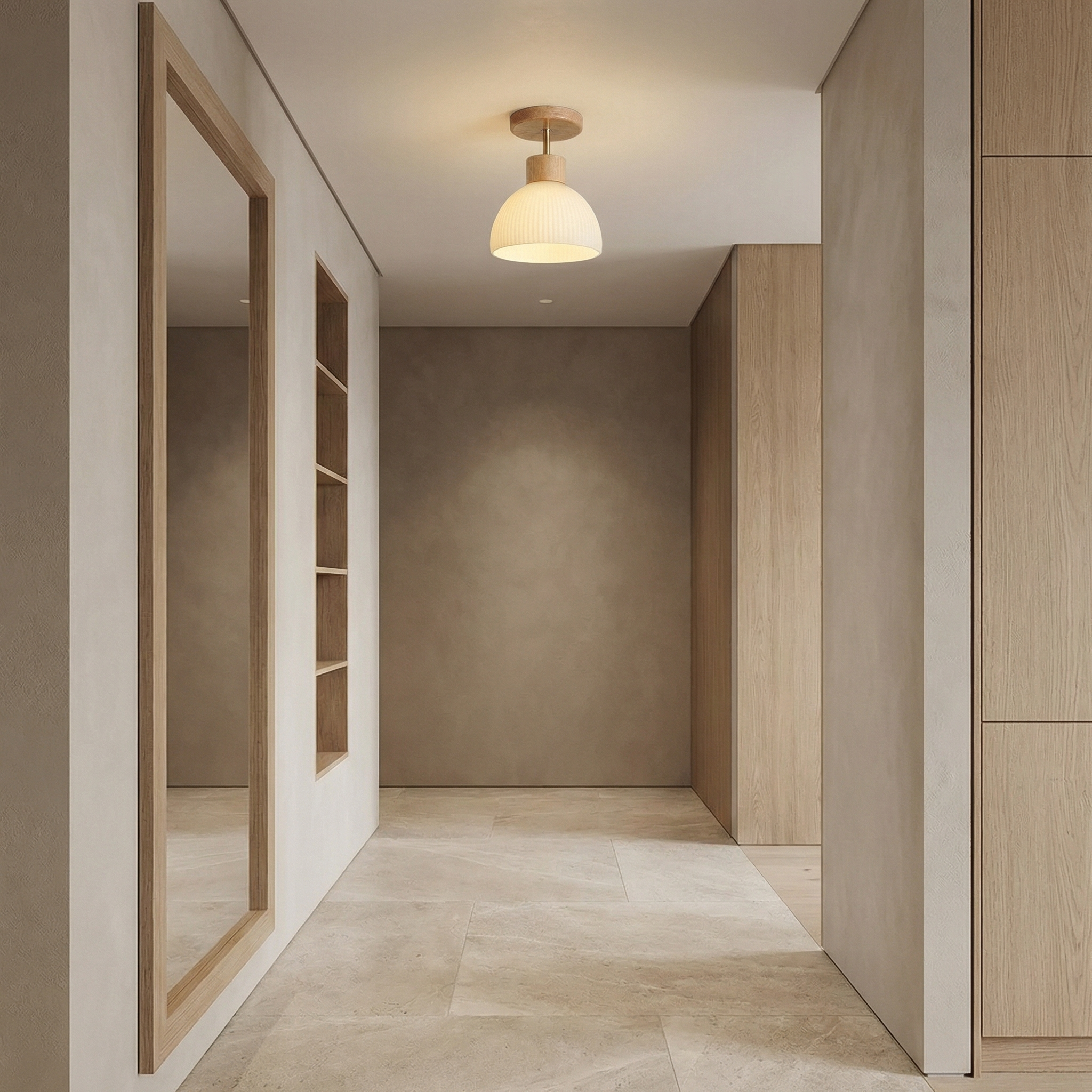 Modern Flush Mount Ceiling Light | Wood Glass Lamp for Hallway, Kitchen & Bedroom