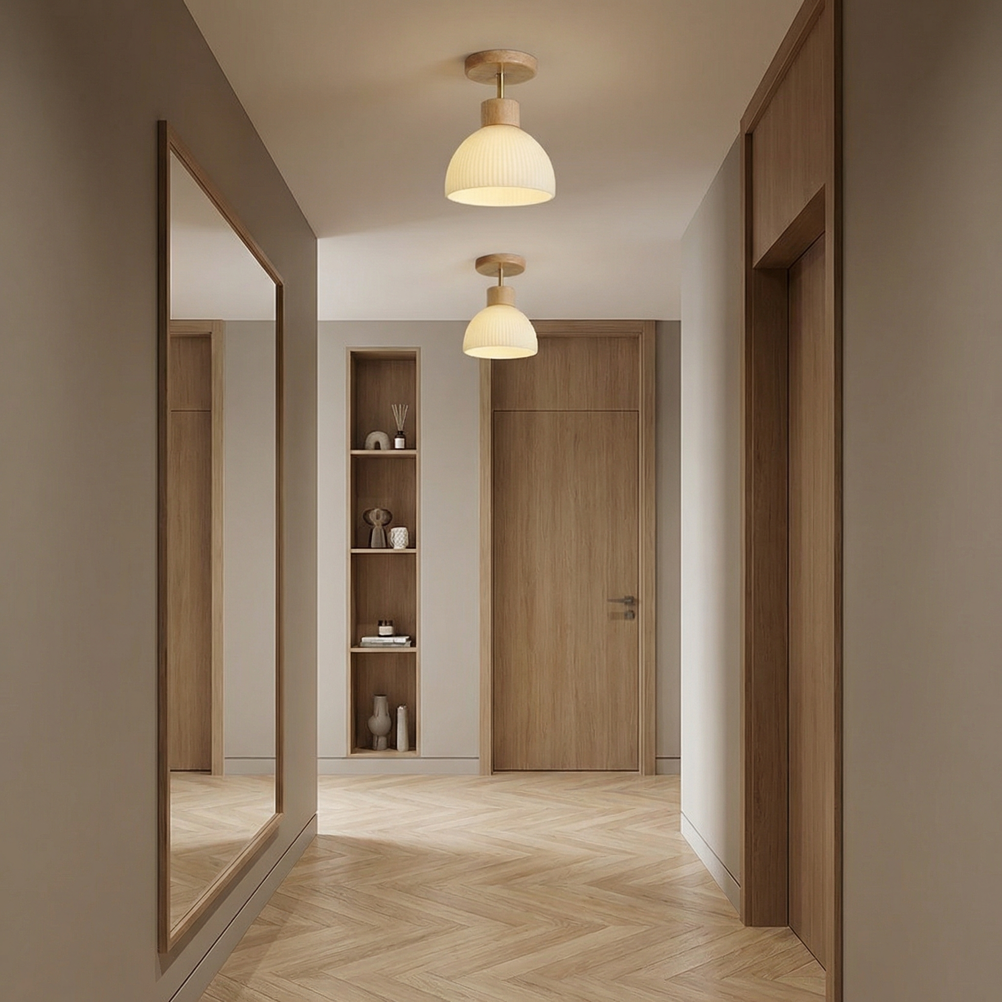 Modern Flush Mount Ceiling Light | Wood Glass Lamp for Hallway, Kitchen & Bedroom