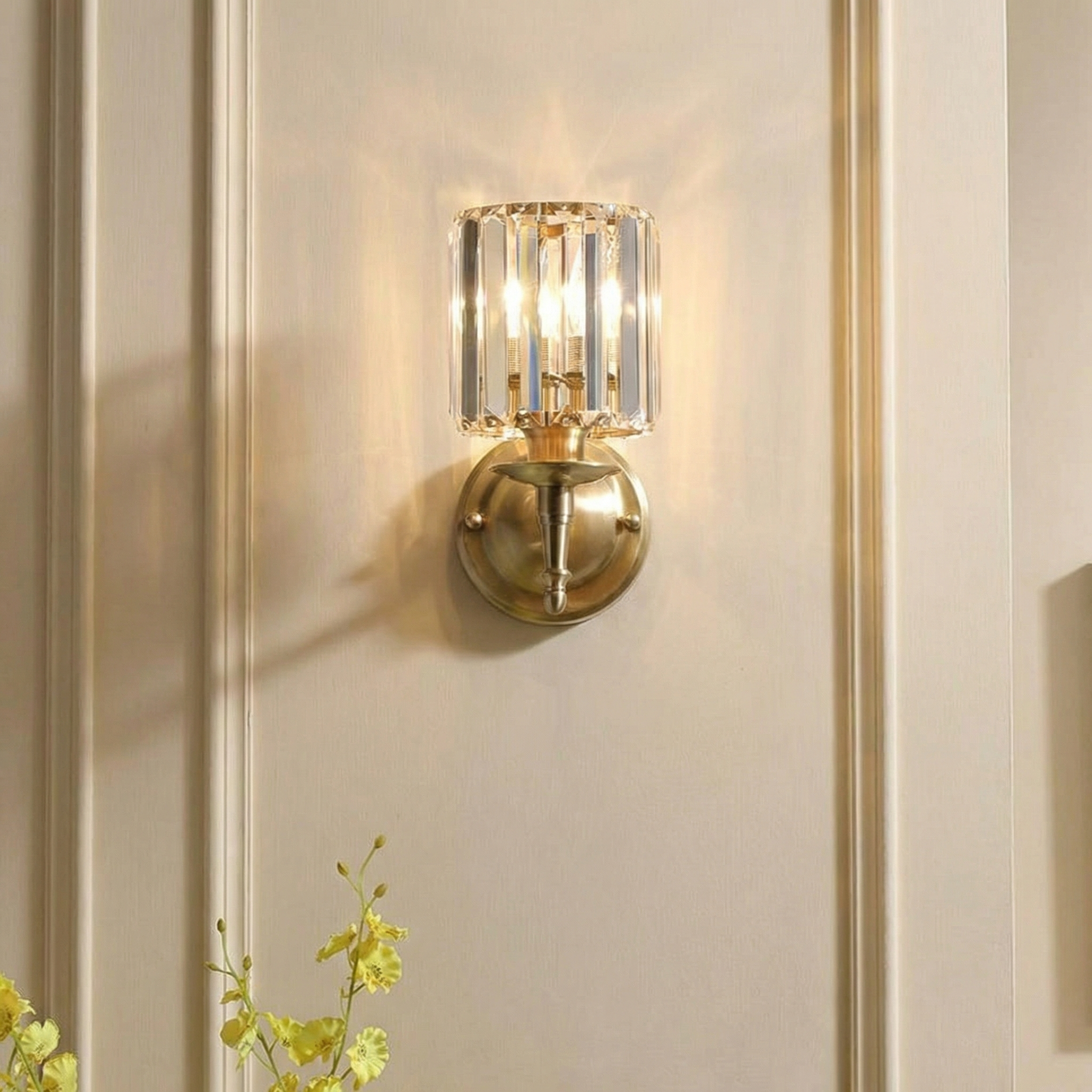 CrystalLuxe | Elegant Shimmering Brass Wall Sconce Light Fixture