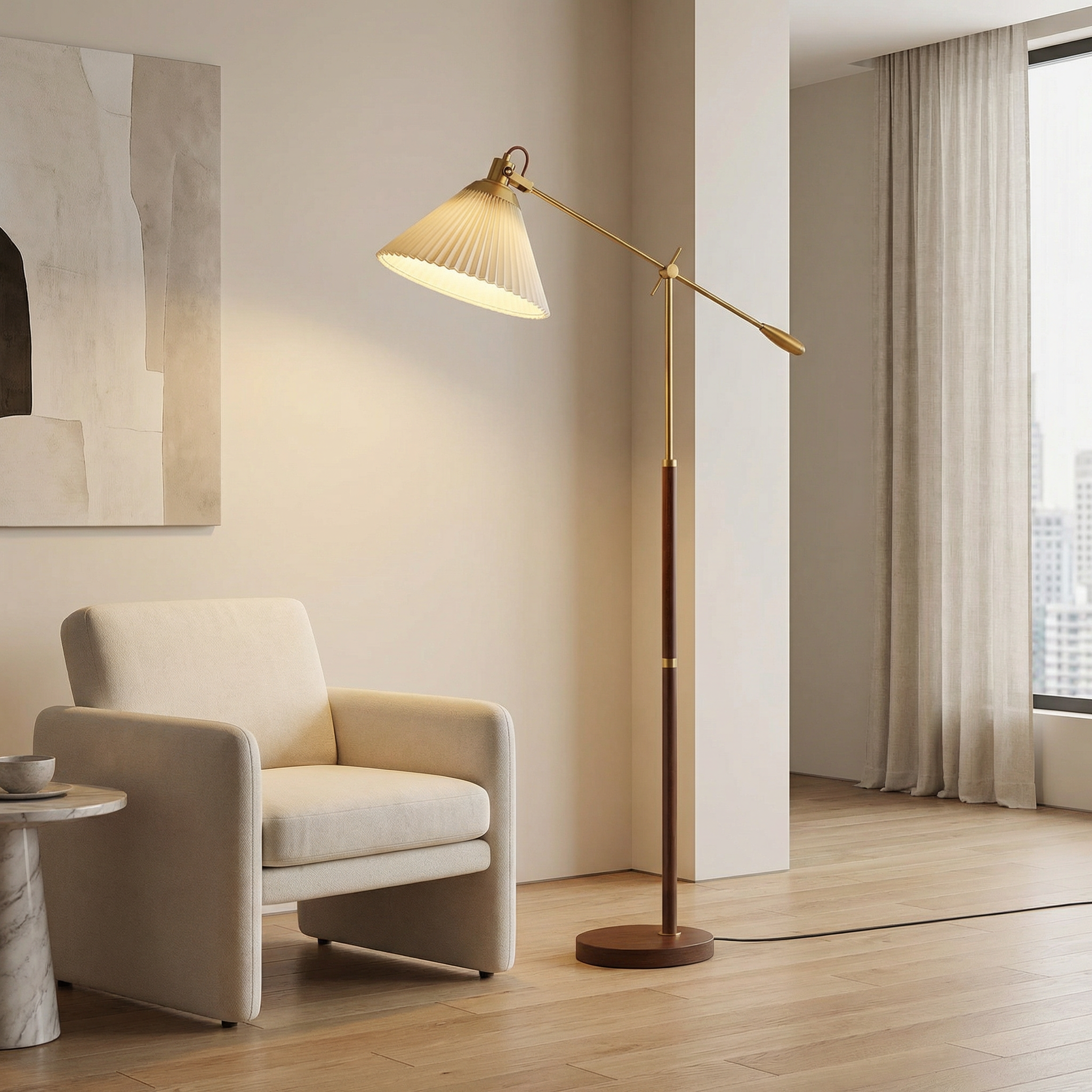 Elegant Brass Floor Lamp with Adjustable Arm & Pleated Shade | Modern Lighting for Living Room