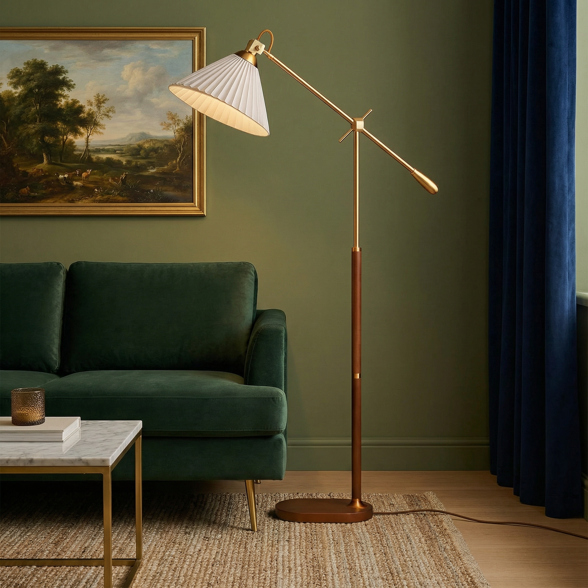 Elegant Brass Floor Lamp with Adjustable Arm & Pleated Shade | Modern Lighting for Living Room