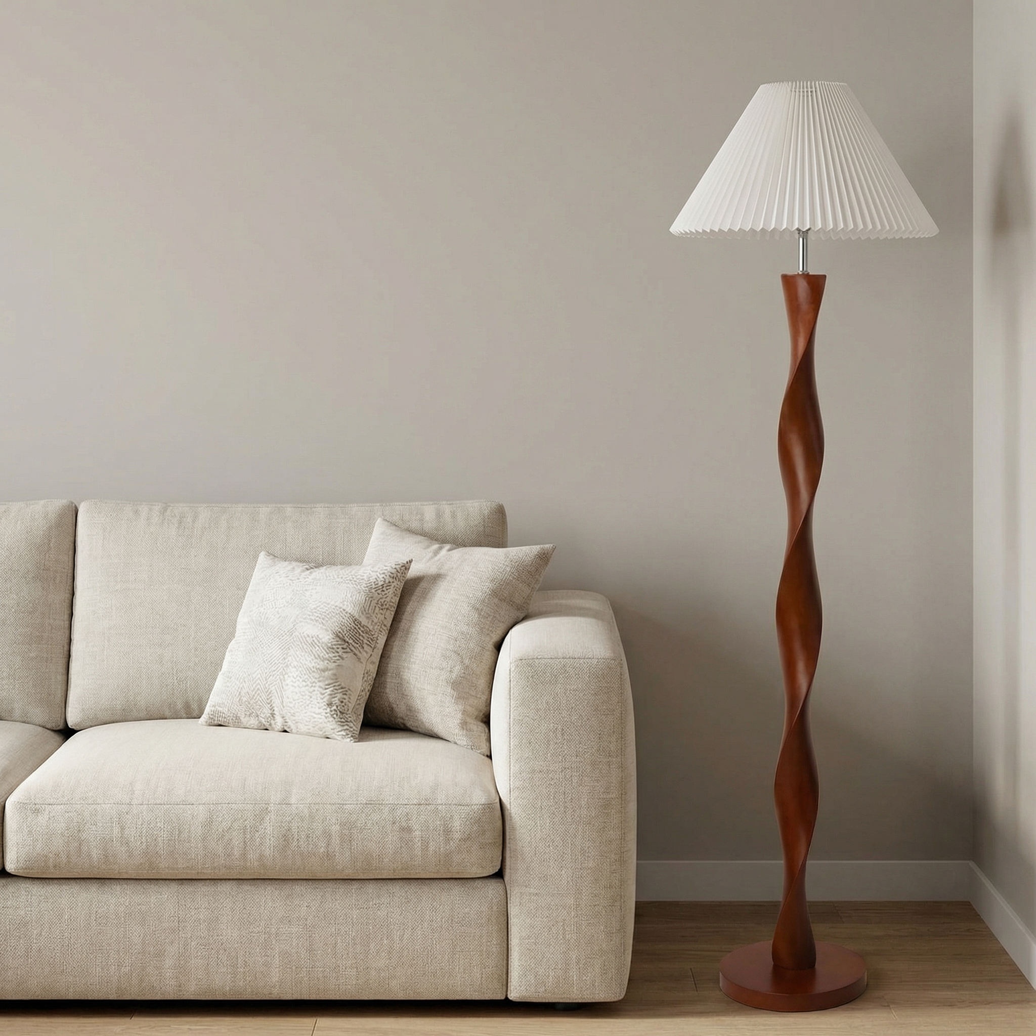 Elegant Walnut Floor Lamp | Modern Standing Lamp with Pleated Shade | Contemporary Design for Warm Ambiance