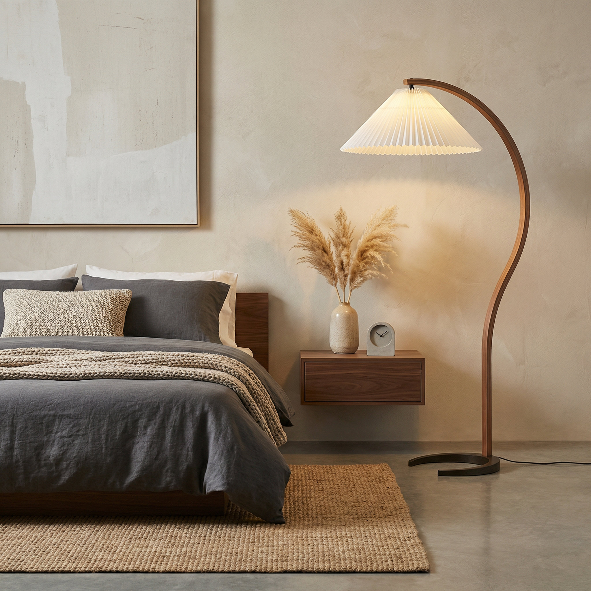 Caprani Collection | Modern Floor Lamp with Curved Beech Wood Stem | Elegant Lighting for Living Room Spaces