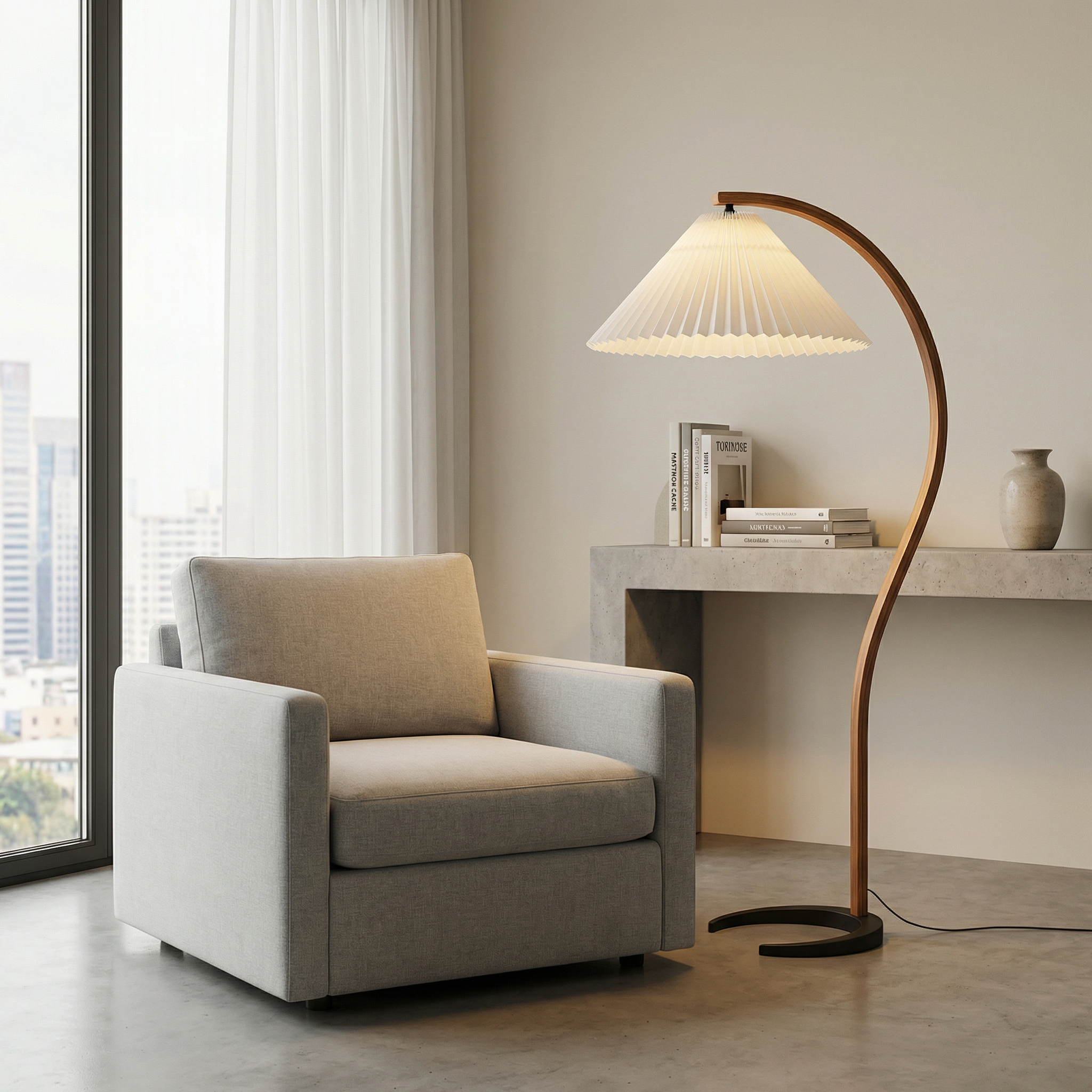 Caprani Collection | Modern Floor Lamp with Curved Beech Wood Stem | Elegant Lighting for Living Room Spaces