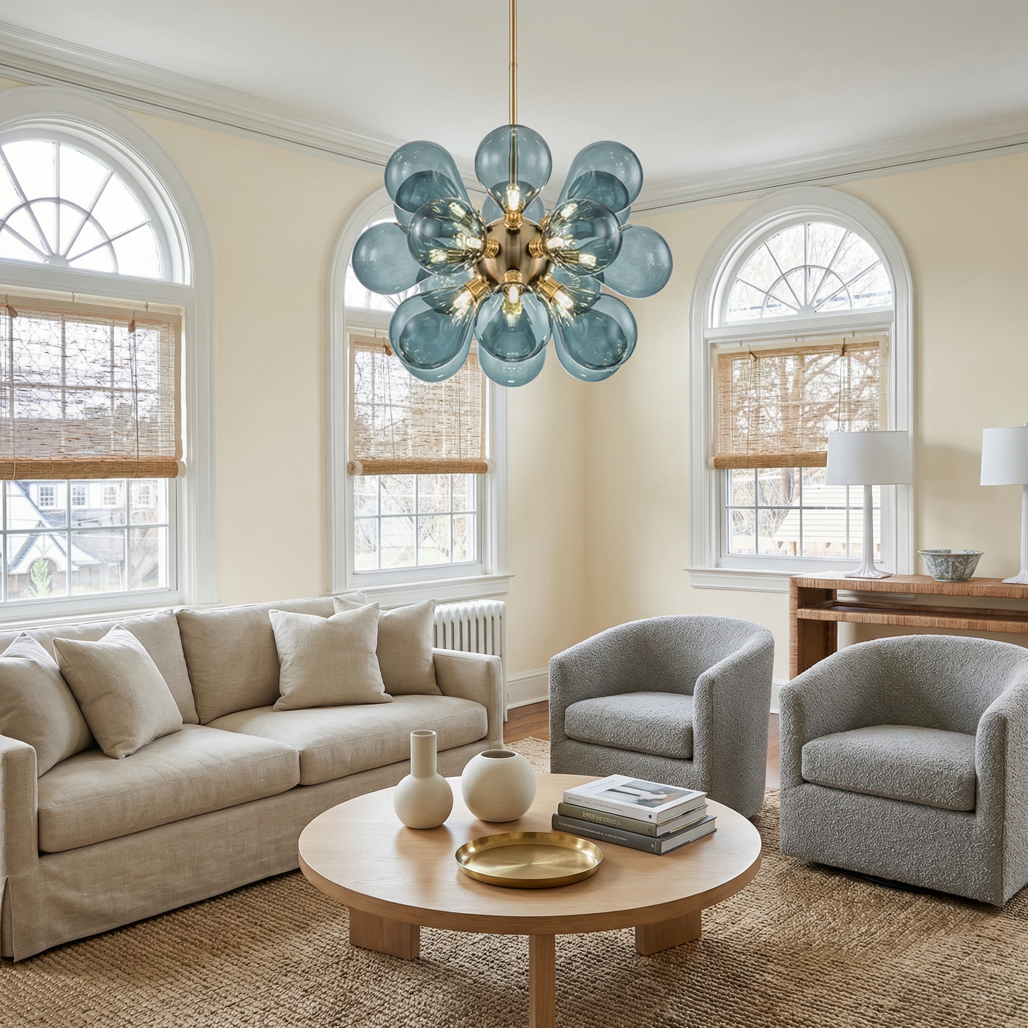 Cluster Glass Chandelier | Modern Chandelier Light with Blue Glass Globes | Adjustable Height for Elegant Dining Room Decor