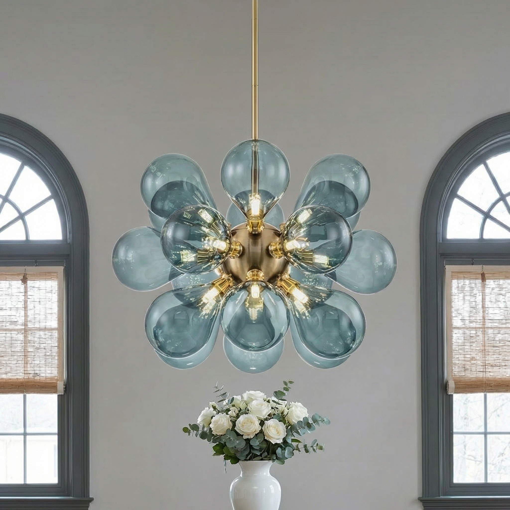 Cluster Glass Chandelier | Modern Chandelier Light with Blue Glass Globes | Adjustable Height for Elegant Dining Room Decor