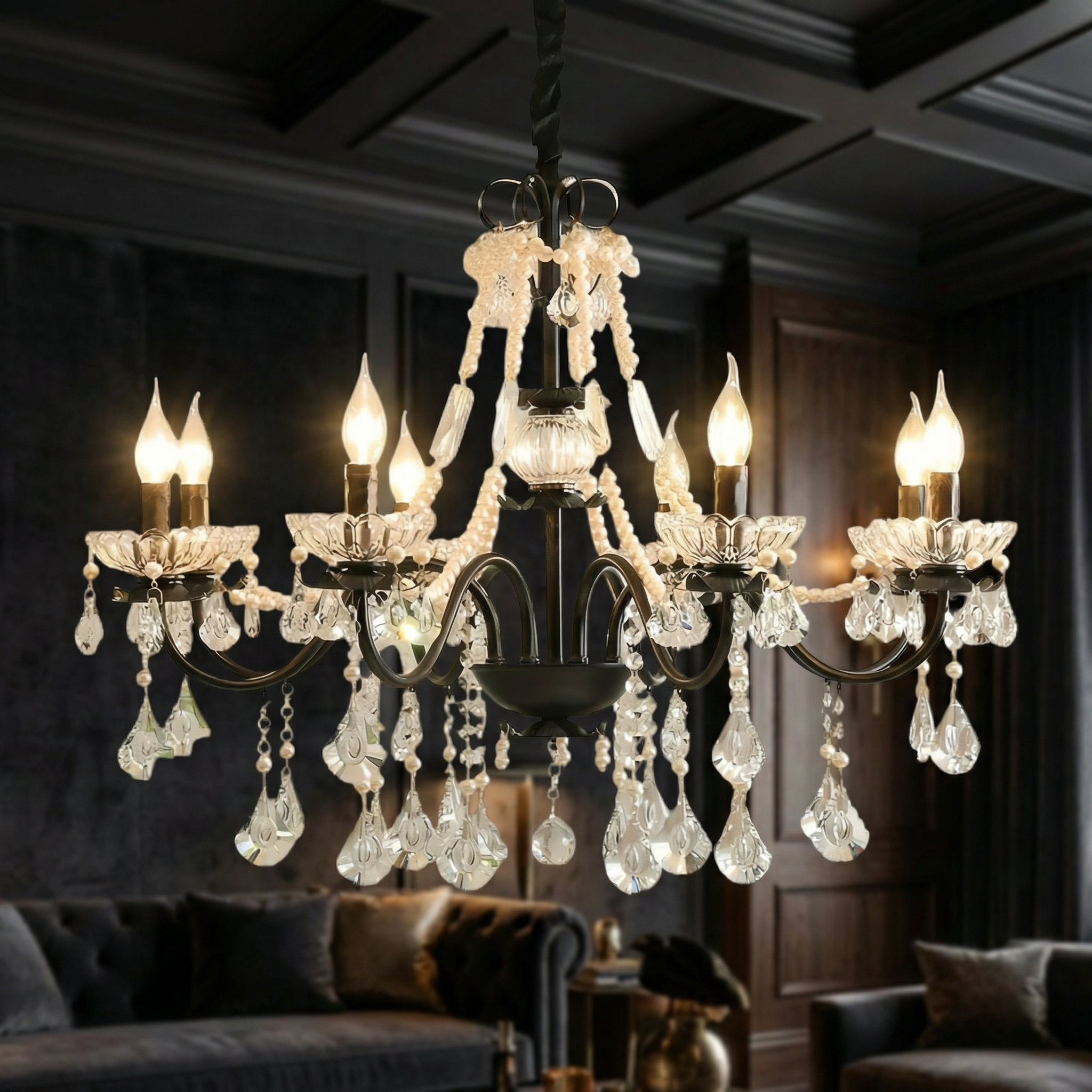 Elegant Crystal Chandelier | Black Modern Design with Adjustable Height | Stunning Lighting for Dining Rooms and Living Areas