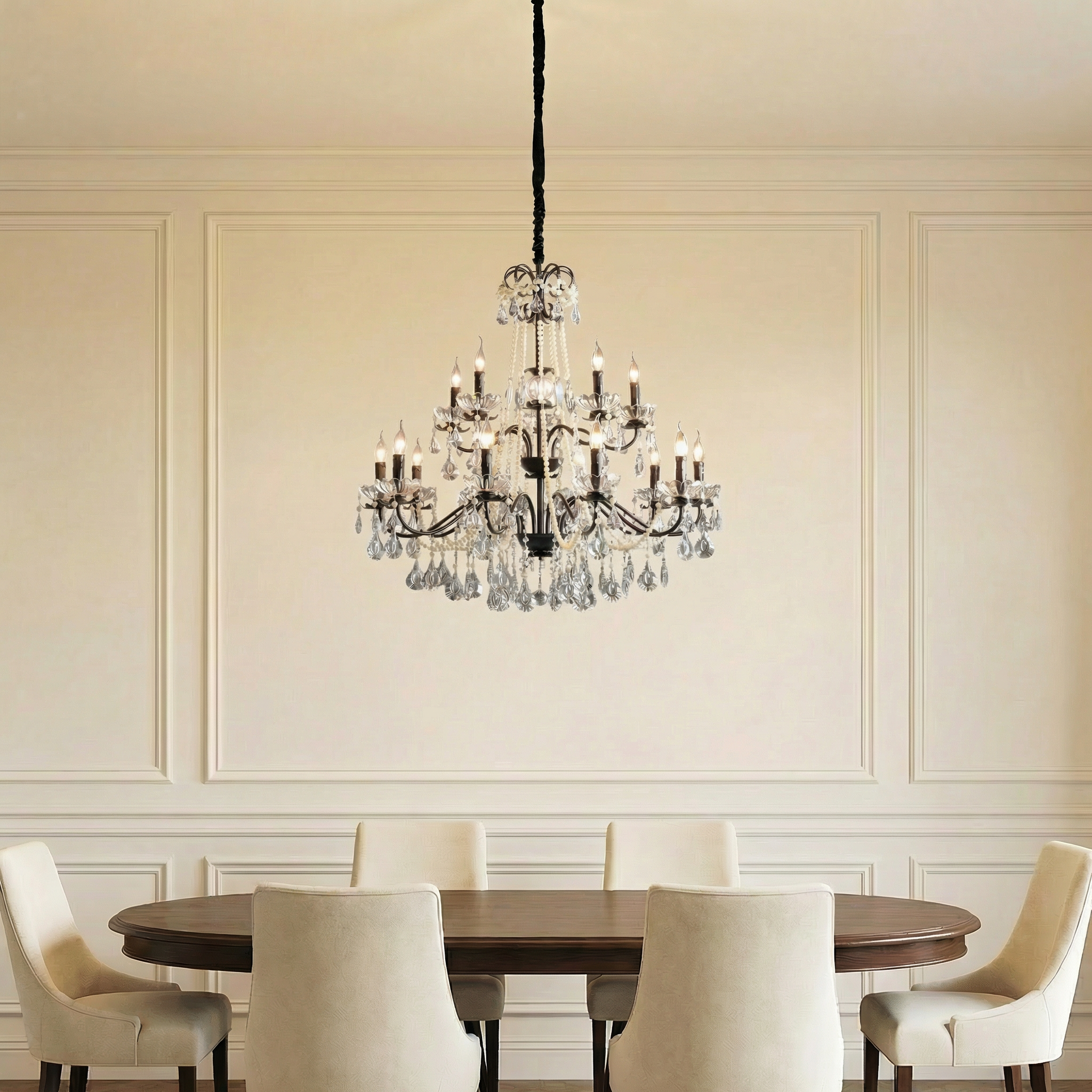 Elegant Crystal Chandelier | Black Modern Design with Adjustable Height | Stunning Lighting for Dining Rooms and Living Areas
