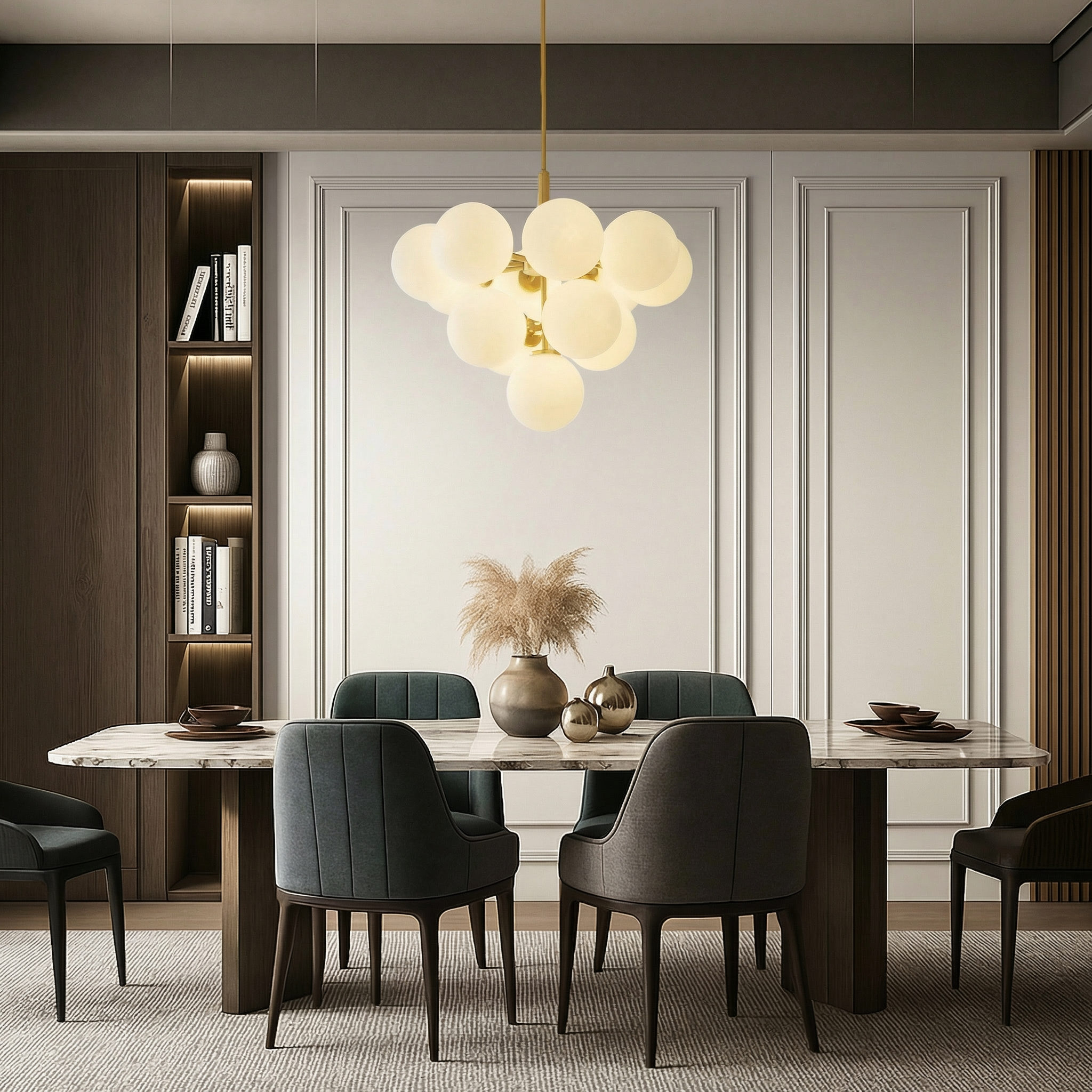 Nordic Elegance | Modern Chandelier Light with Spherical Glass Shades | Height-Adjustable Design for Warm Dining Room Ambiance