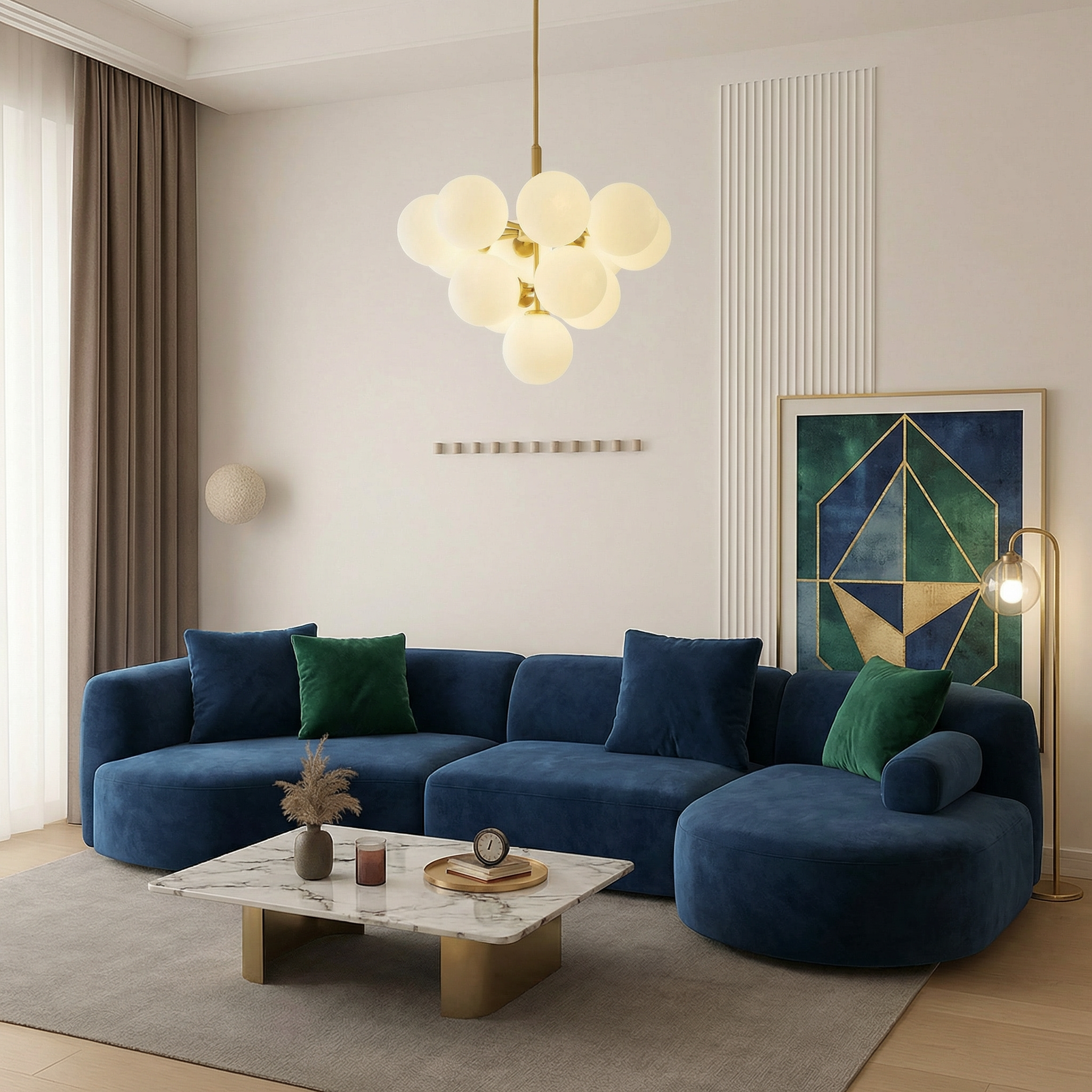 Nordic Elegance | Modern Chandelier Light with Spherical Glass Shades | Height-Adjustable Design for Warm Dining Room Ambiance