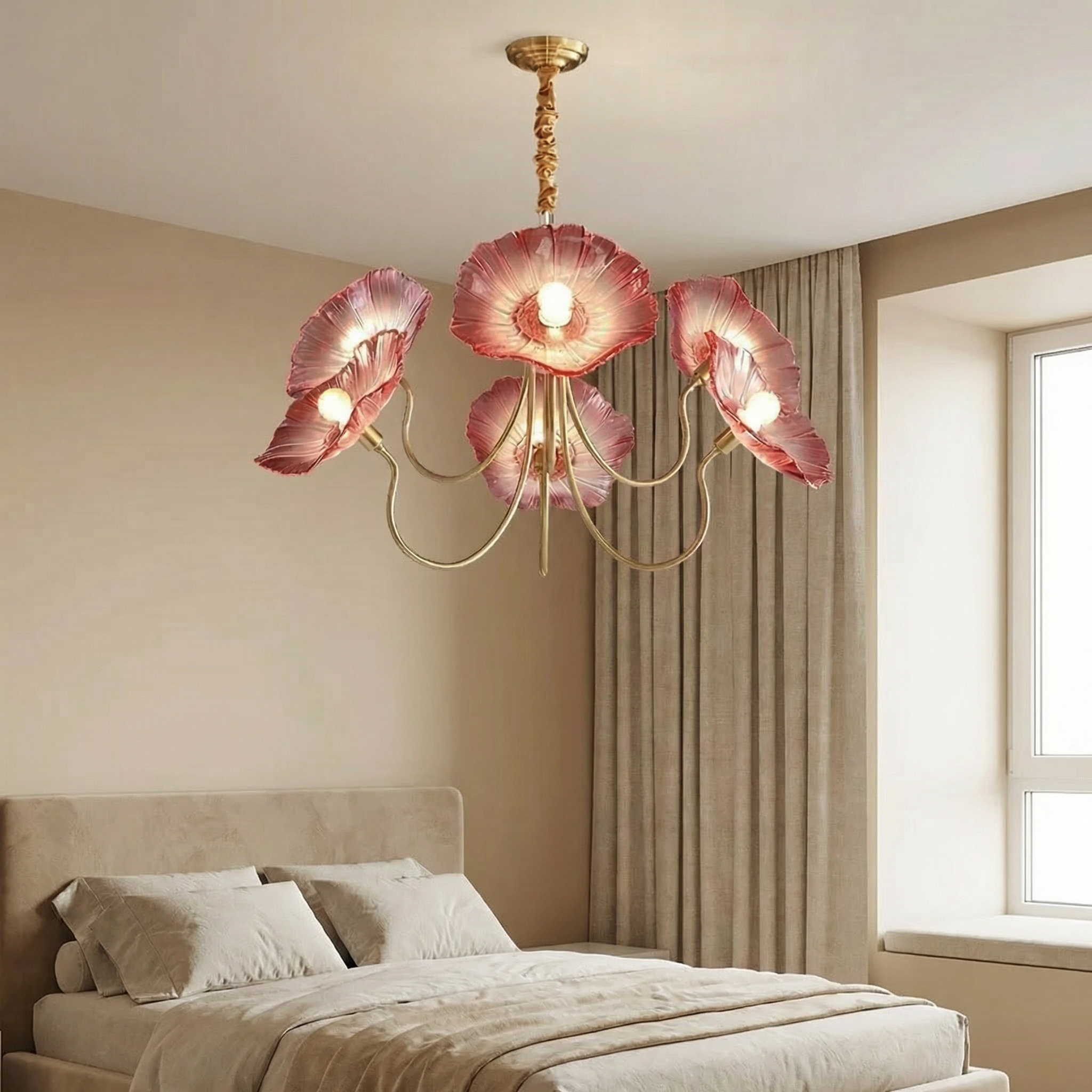 Lotus Collection | Modern Chandelier Light with Adjustable Height | Unique Glass Design for Warm Dining Room Ambiance