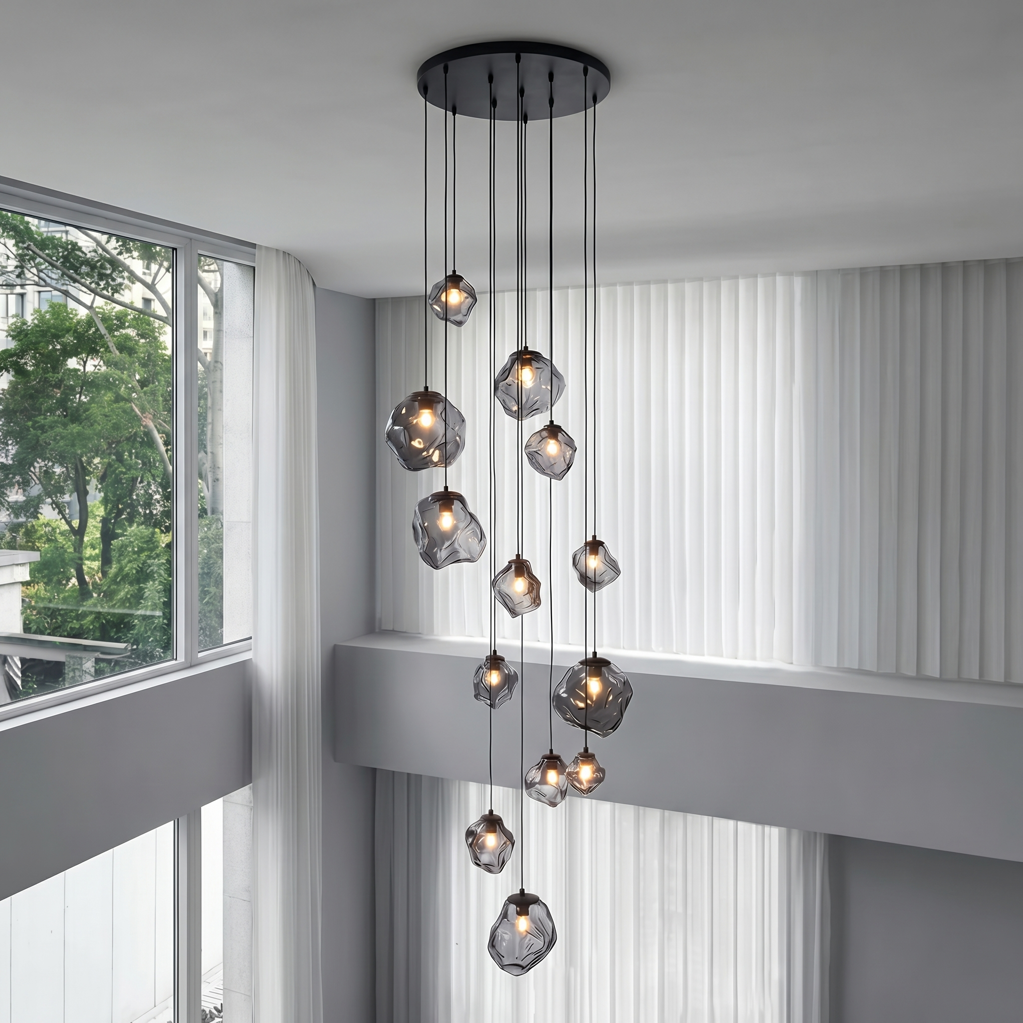 Staircase Chandelier for High Ceilings | Modern Glass Pendant Light | Kelvinum
