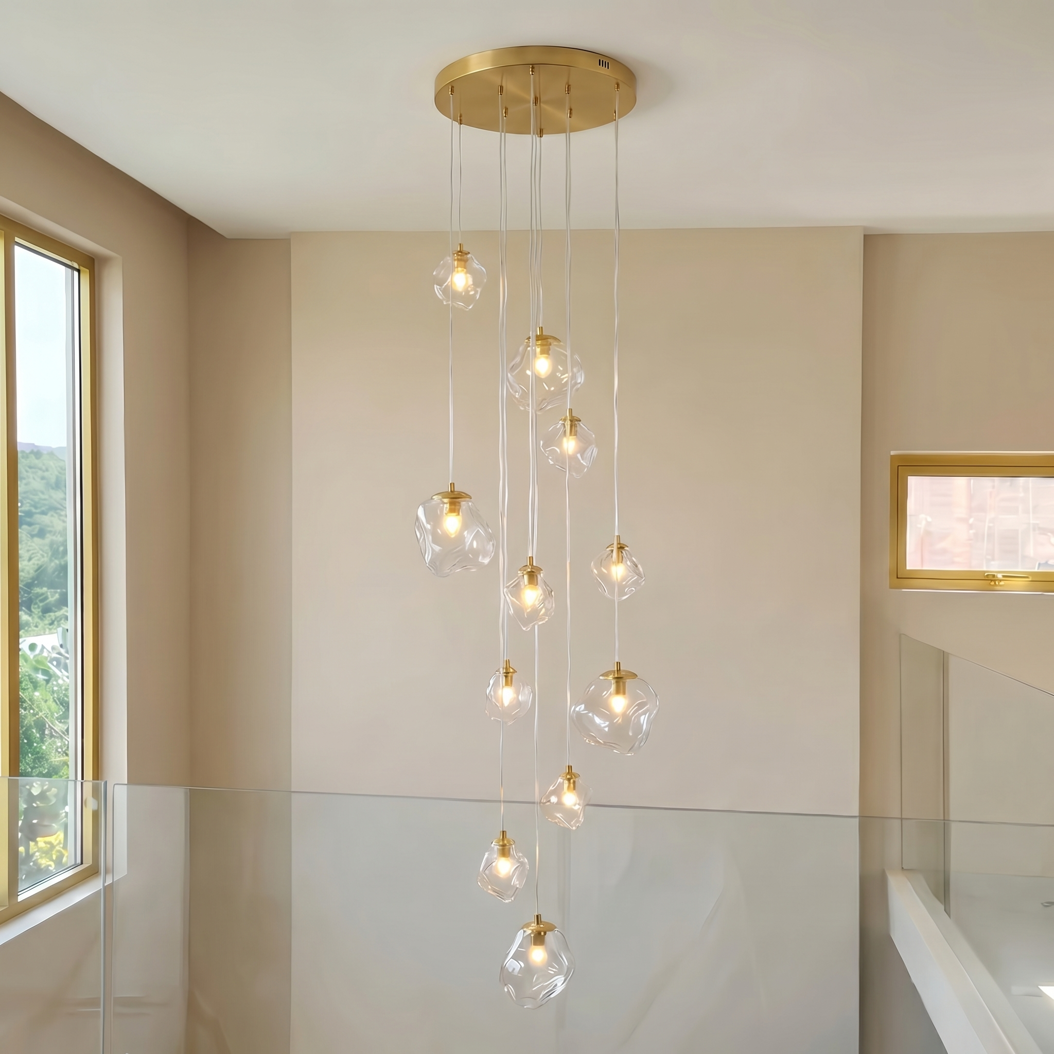 Staircase Chandelier for High Ceilings | Modern Glass Pendant Light | Kelvinum