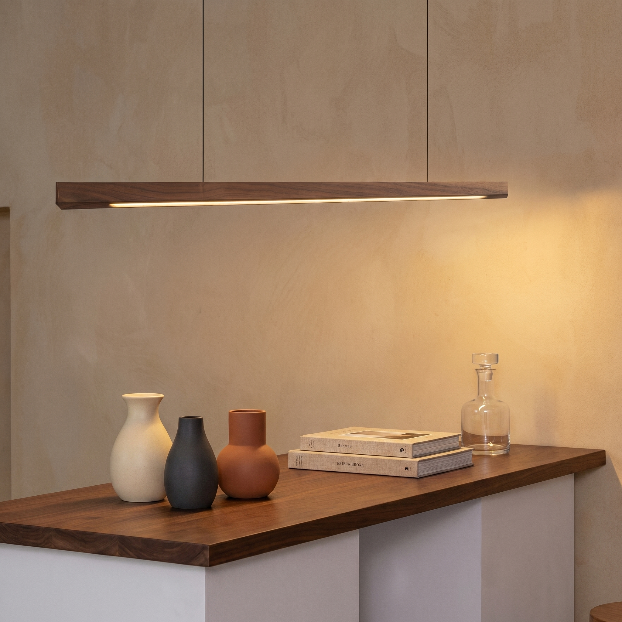 Modern Linear Wood Pendant Light | LED Ceiling Lamp for Kitchen Island & Dining Table