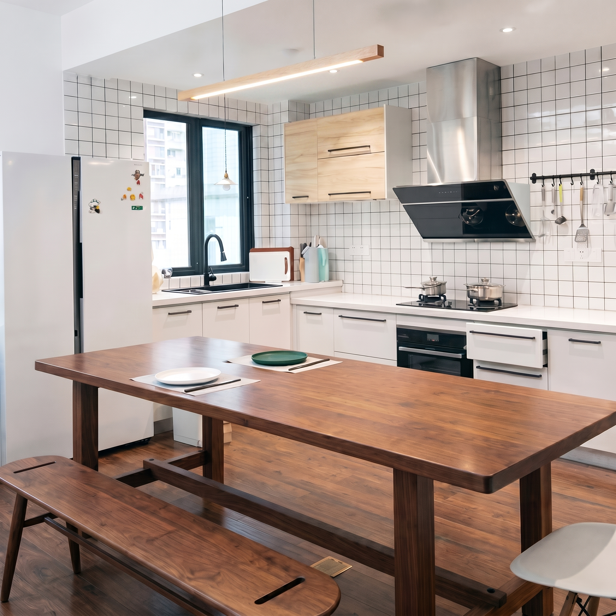Modern Linear Wood Pendant Light | LED Ceiling Lamp for Kitchen Island & Dining Table