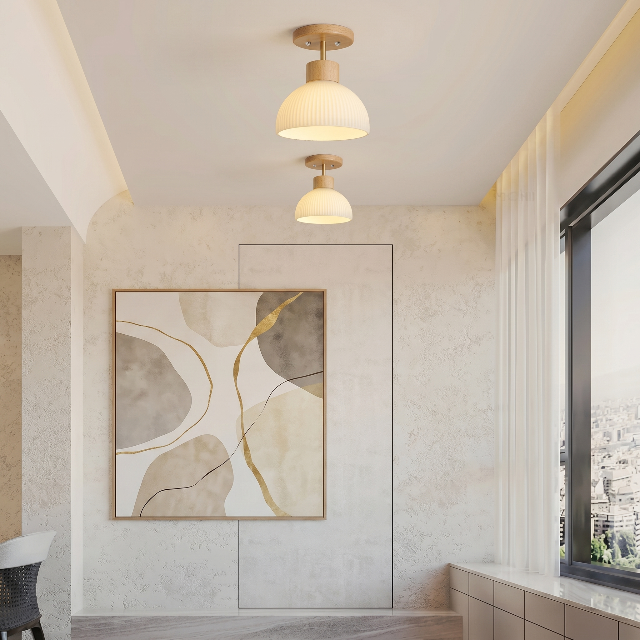 Modern Flush Mount Ceiling Light | Wood Glass Lamp for Hallway, Kitchen & Bedroom