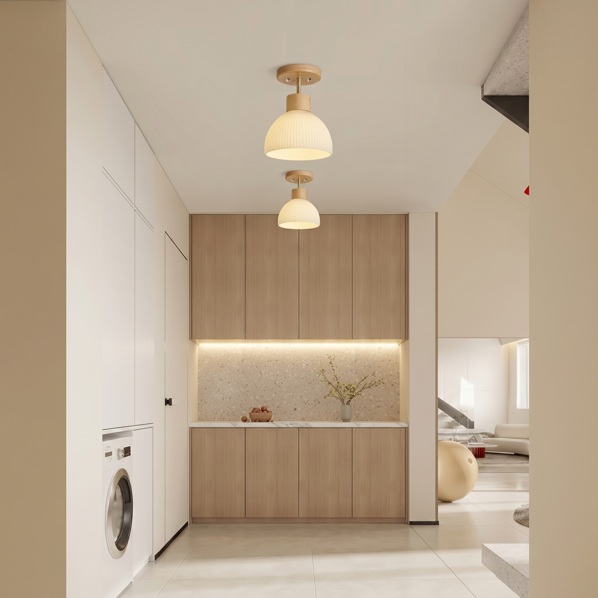 Modern Flush Mount Ceiling Light | Wood Glass Lamp for Hallway, Kitchen & Bedroom