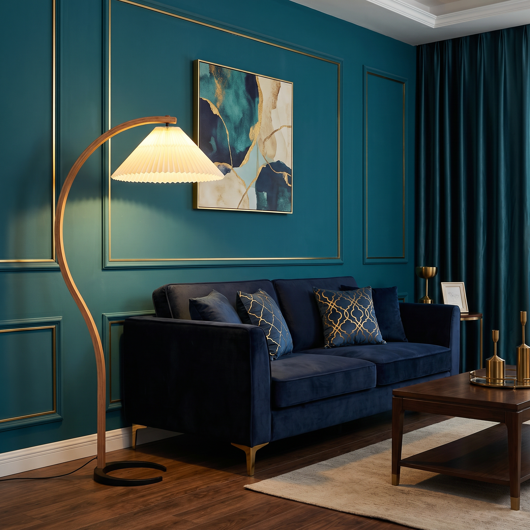 Caprani Collection | Modern Floor Lamp with Curved Beech Wood Stem | Elegant Lighting for Living Room Spaces
