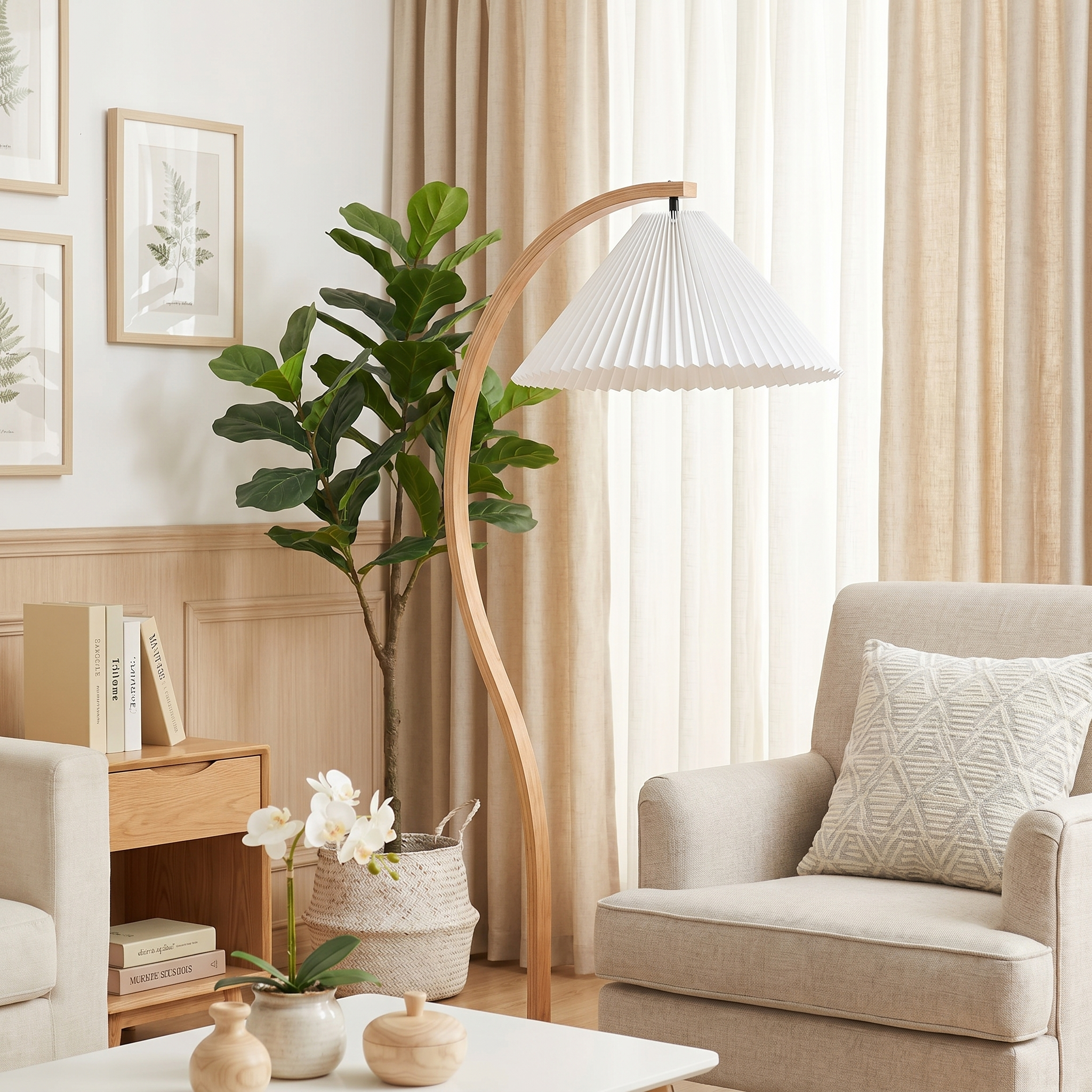 Caprani Collection | Modern Floor Lamp with Curved Beech Wood Stem | Elegant Lighting for Living Room Spaces