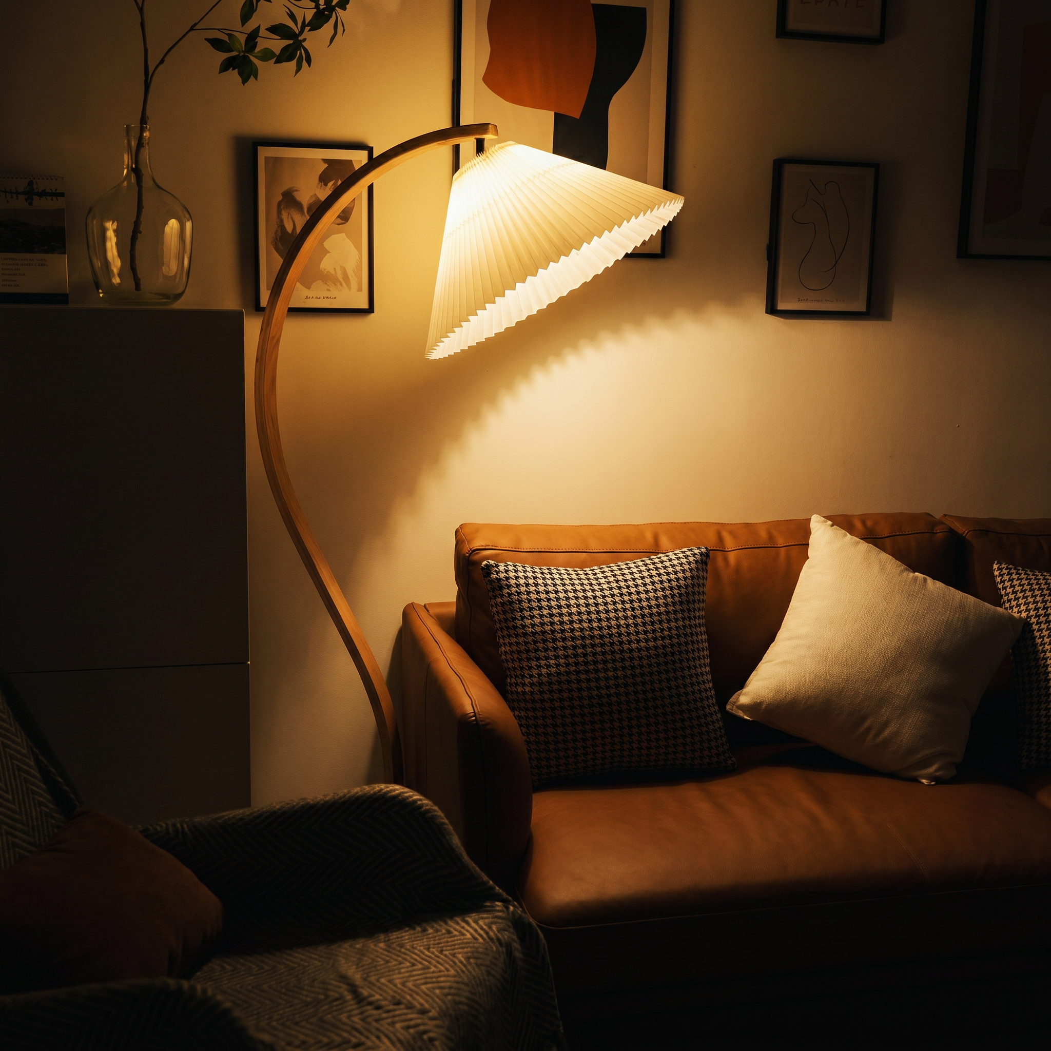 Caprani Collection | Modern Floor Lamp with Curved Beech Wood Stem | Elegant Lighting for Living Room Spaces