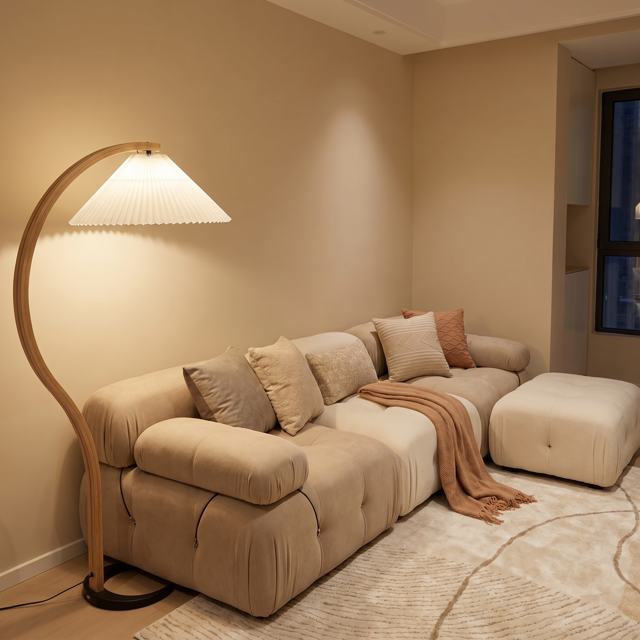 Caprani Collection | Modern Floor Lamp with Curved Beech Wood Stem | Elegant Lighting for Living Room Spaces