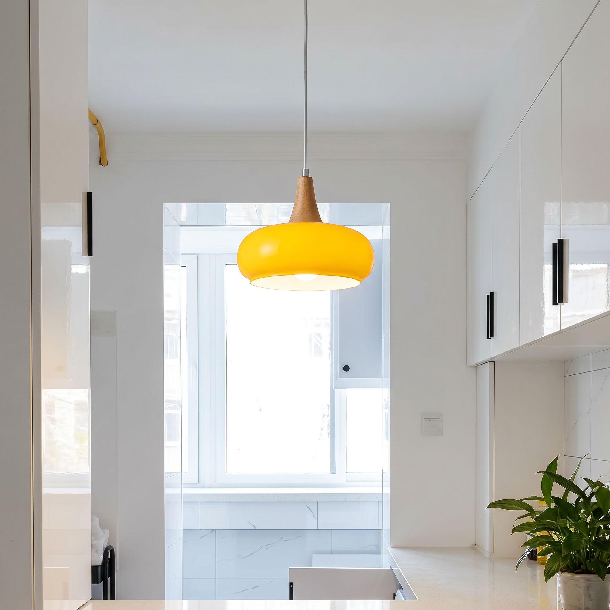 AmberGlow | Elegant Amber Glass Kitchen Pendant Lighting with Wooden Top