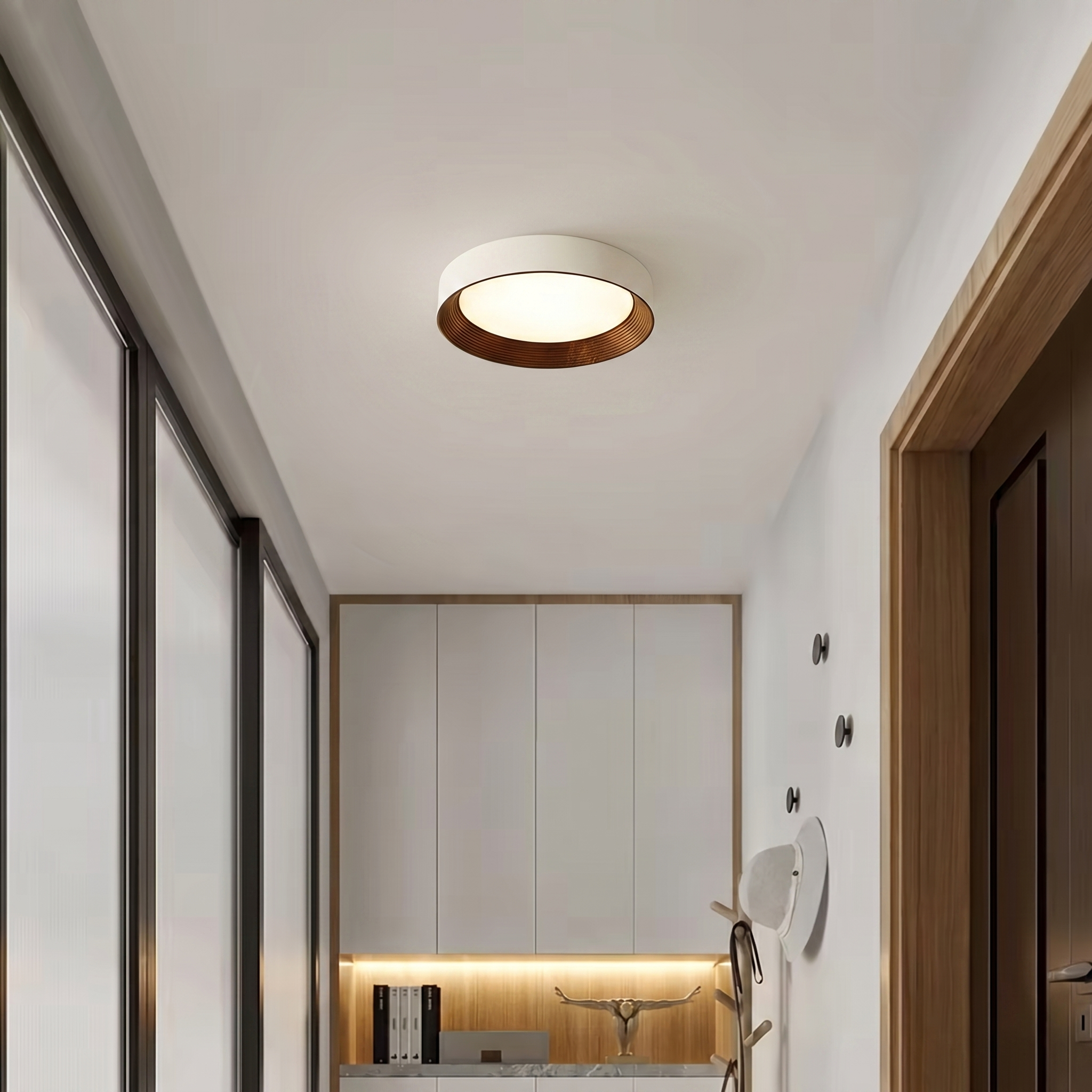 Nordic Creative | Round LED Ceiling Light with Wood Grain Finish | Minimalist Design for Living Room and Bedroom