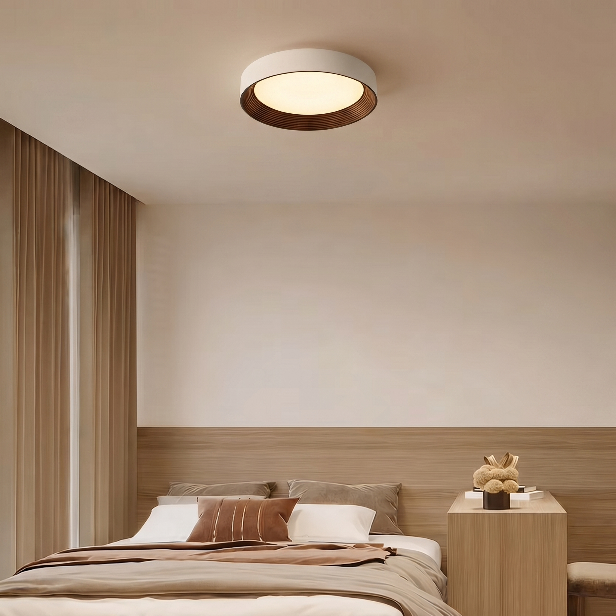 Nordic Creative | Round LED Ceiling Light with Wood Grain Finish | Minimalist Design for Living Room and Bedroom