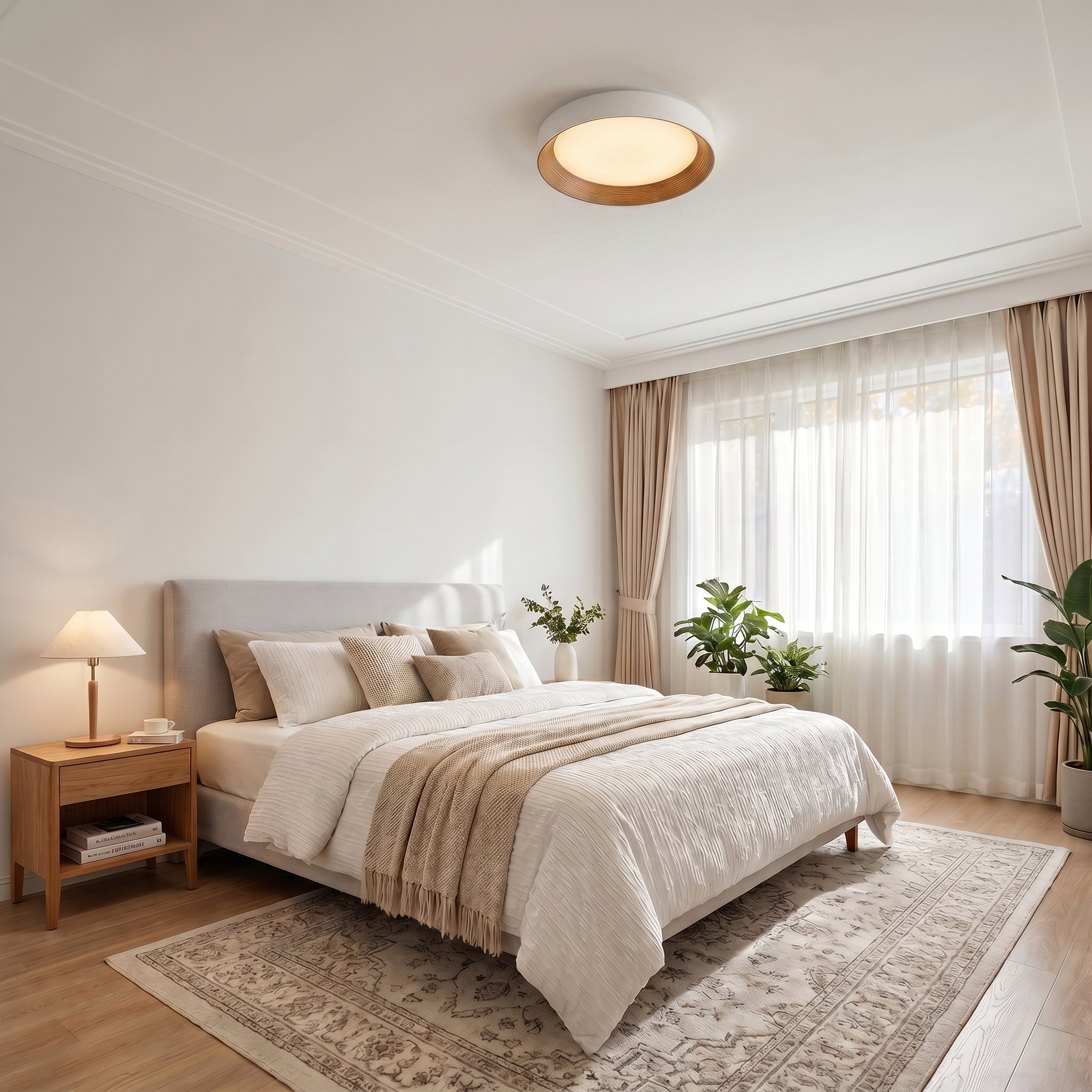 Nordic Creative | Round LED Ceiling Light with Wood Grain Finish | Minimalist Design for Living Room and Bedroom