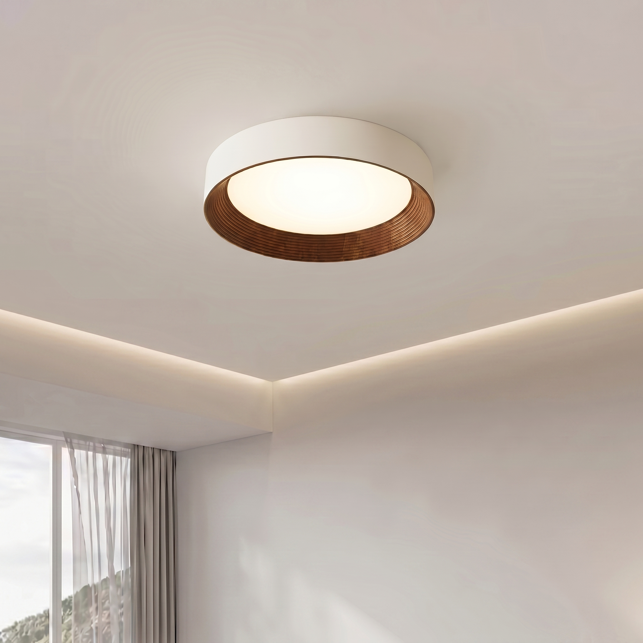 Nordic Creative | Round LED Ceiling Light with Wood Grain Finish | Minimalist Design for Living Room and Bedroom