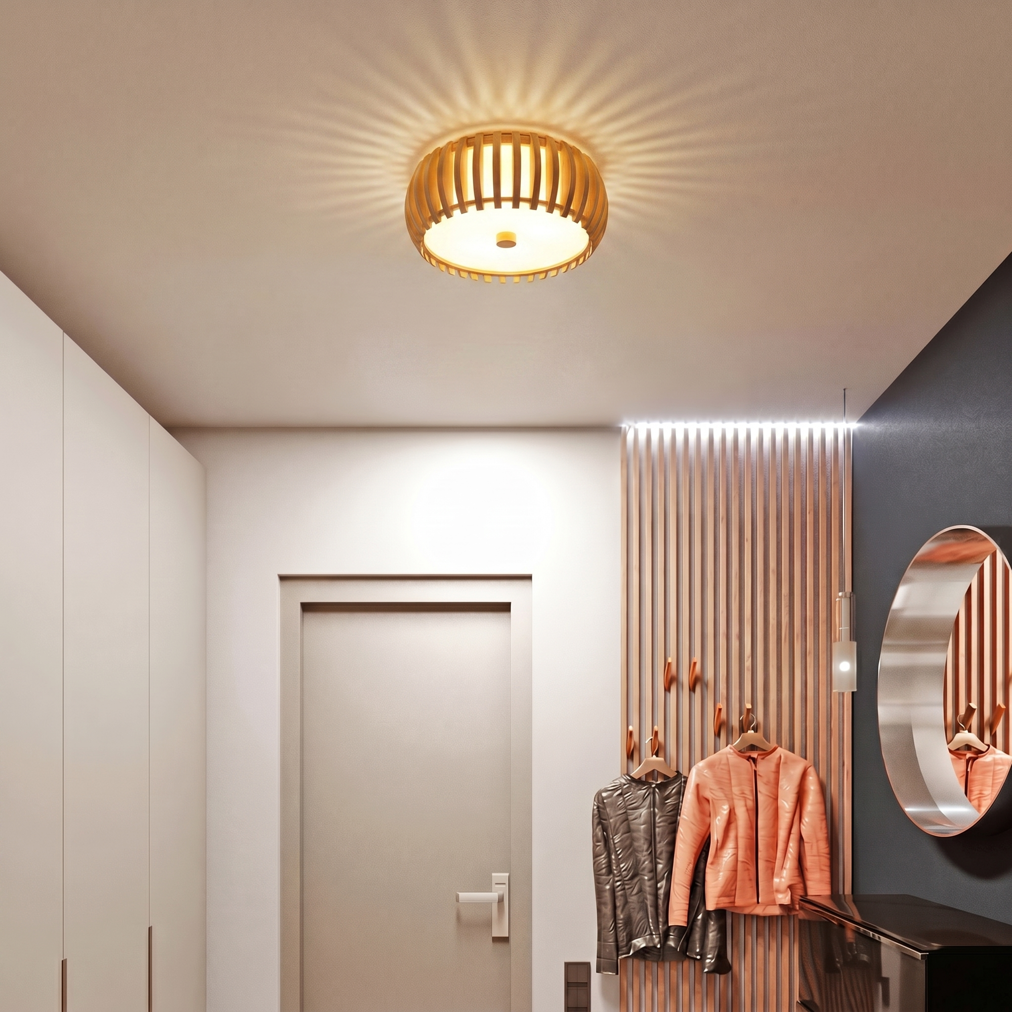Elegant Wood Ceiling Light Fixture with Circular Design | Perfect Illumination for Dining Room and Living Spaces