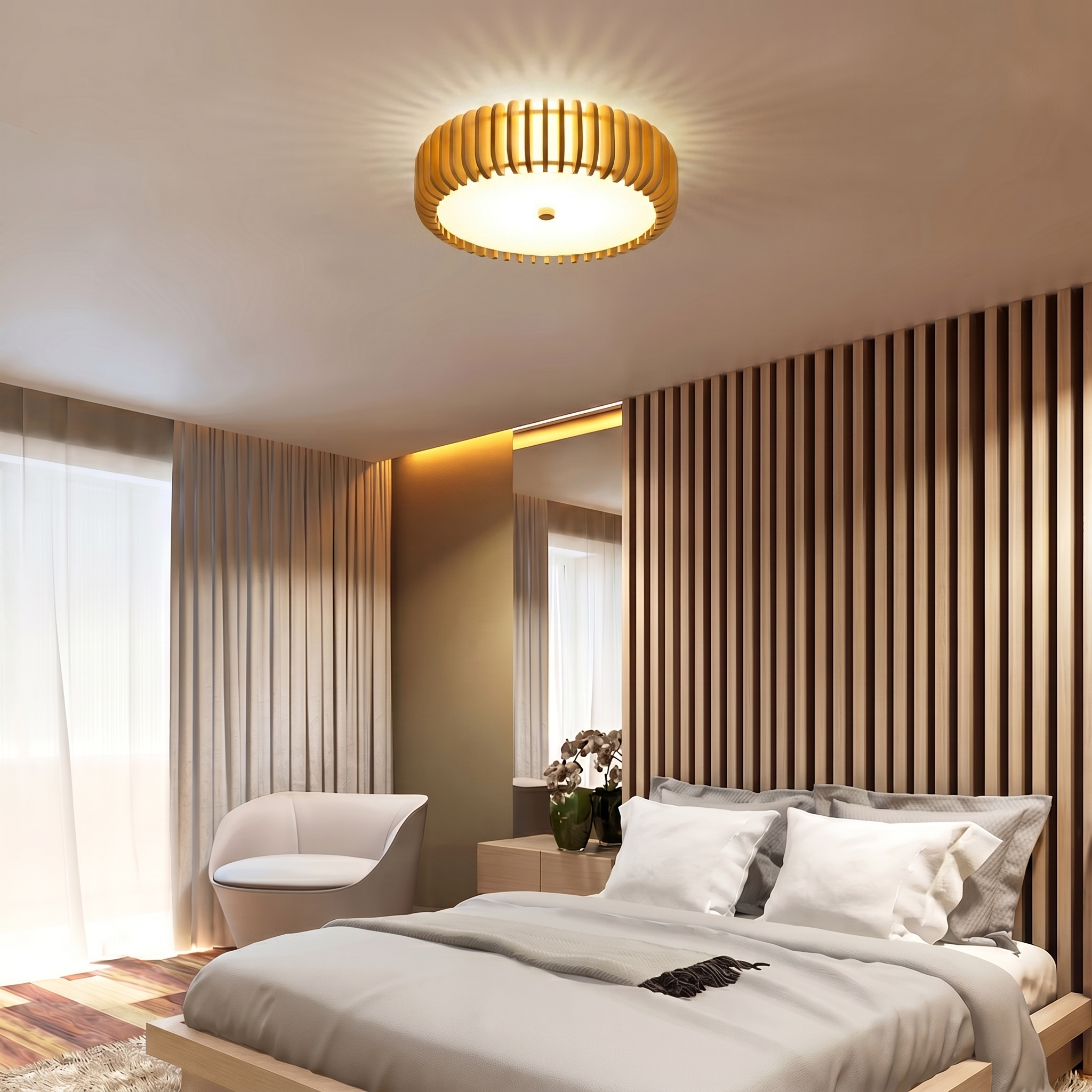 Elegant Wood Ceiling Light Fixture with Circular Design | Perfect Illumination for Dining Room and Living Spaces