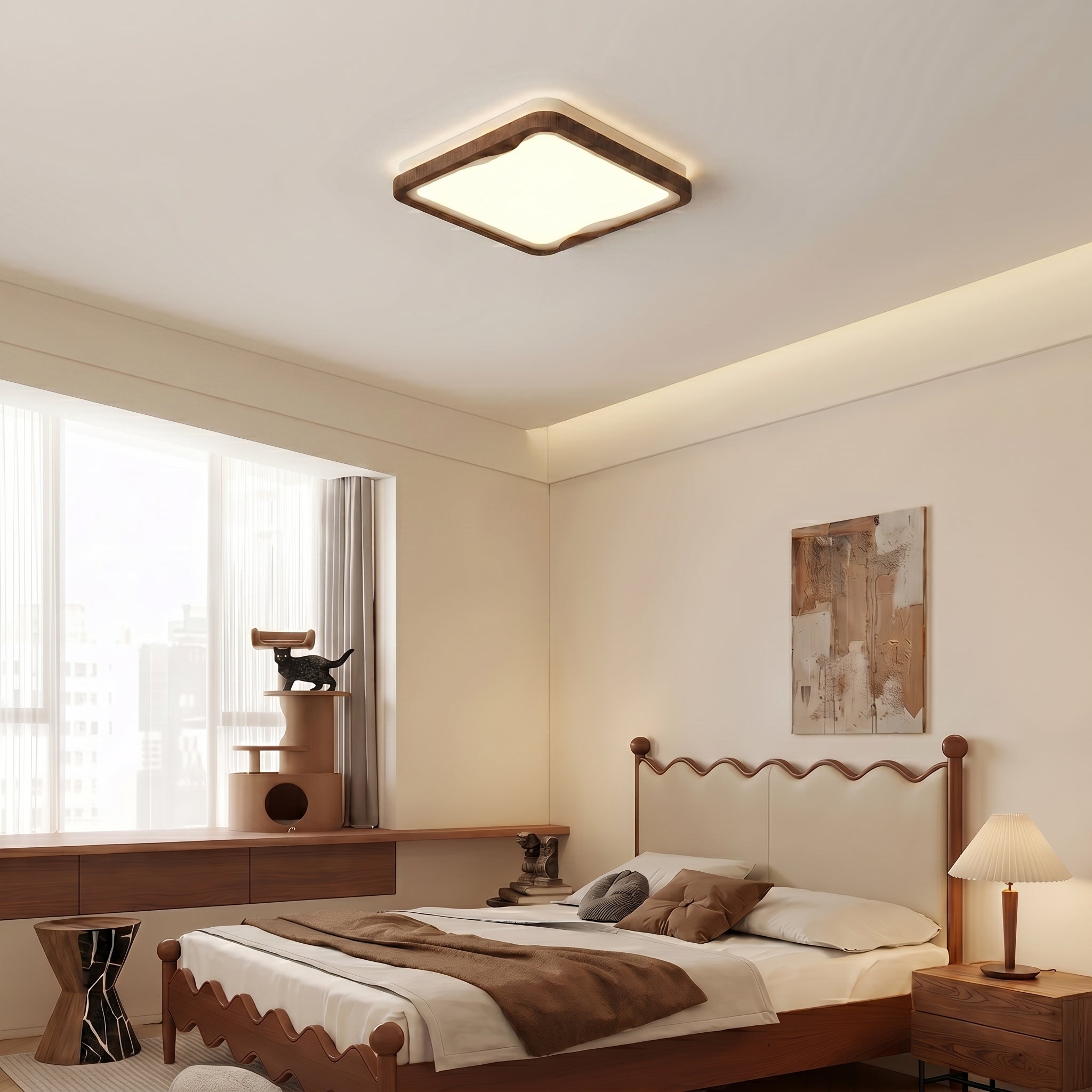 Modern LED Ceiling Light Fixture with Dimmable Brightness | Stylish Wood Grain Design for Home Decor