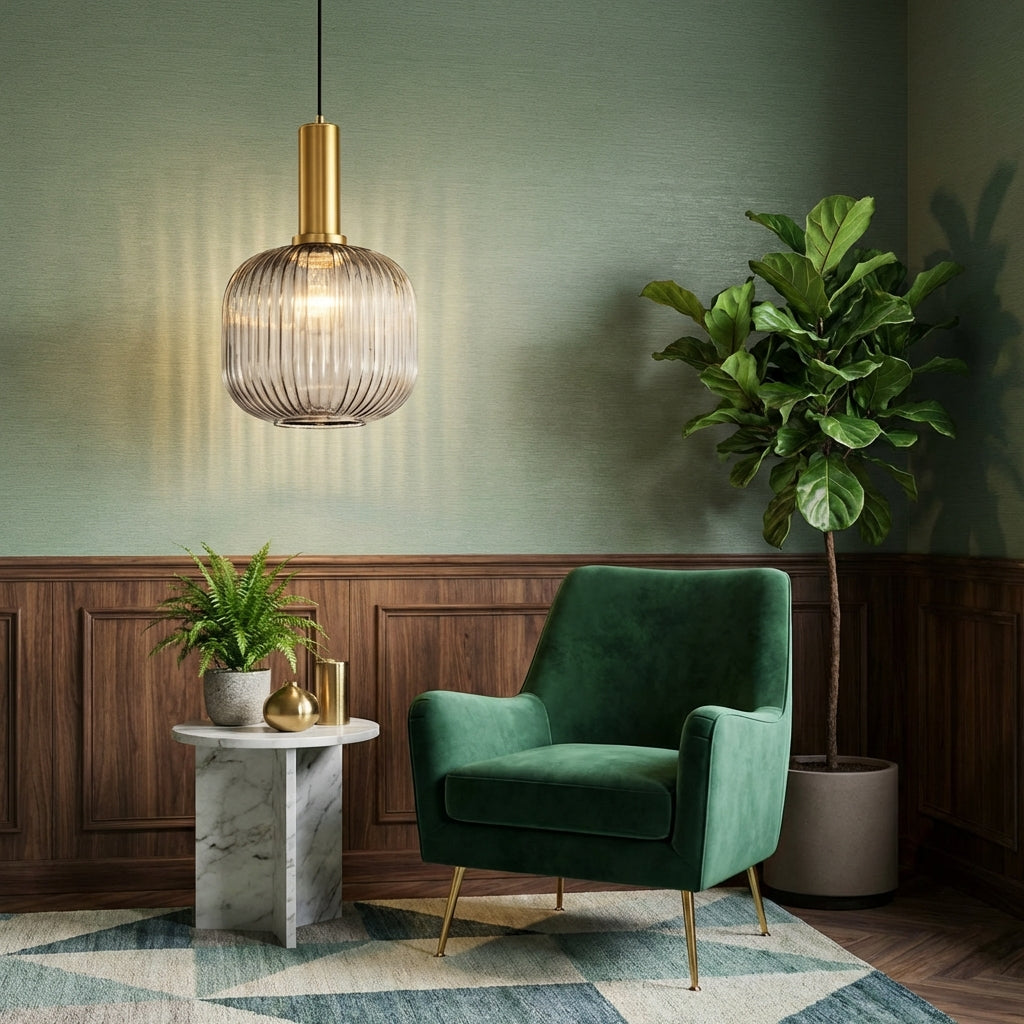 GemstoneGlow | Elegant Vintage Ribbed Glass Pendant Light Fixture