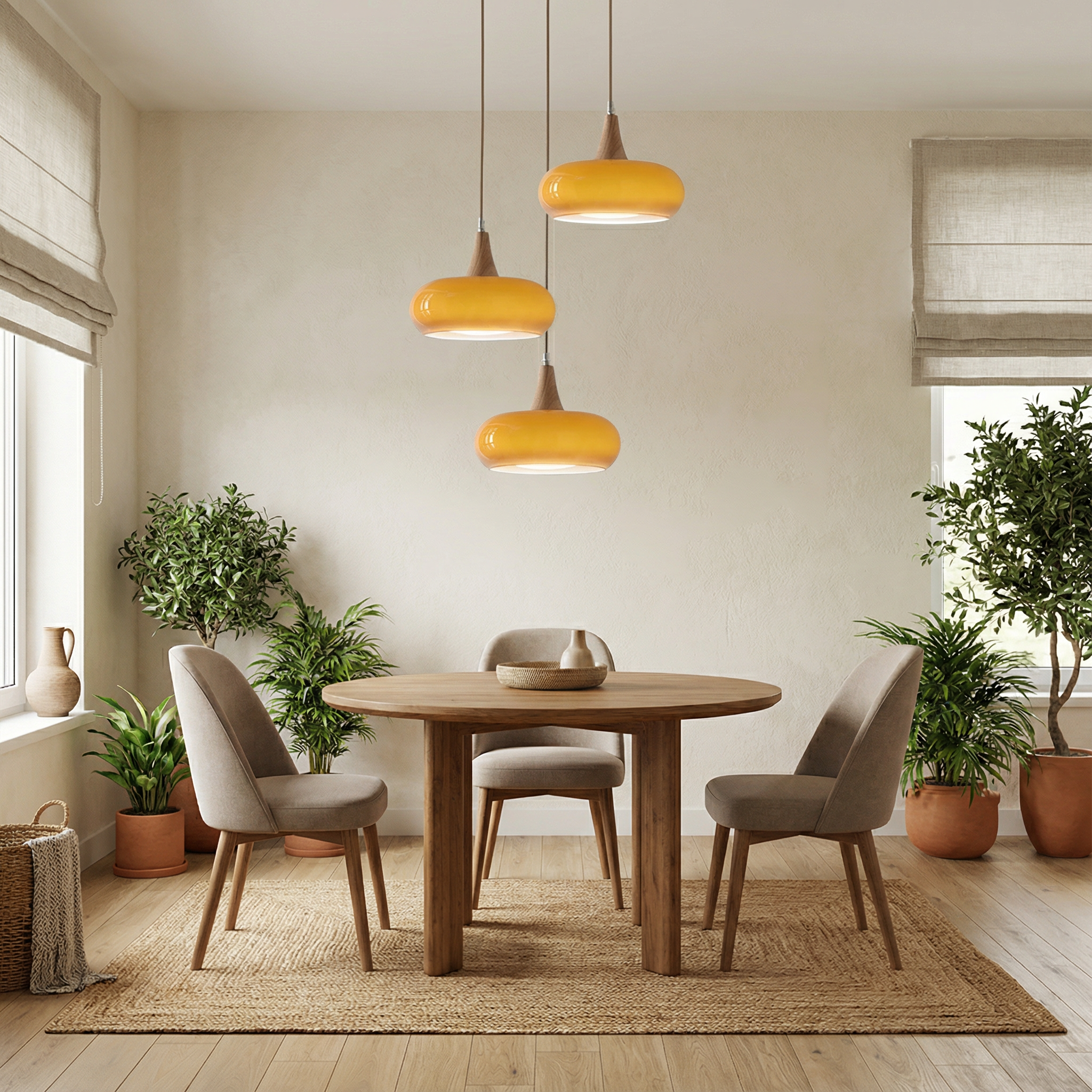 AmberGlow | Elegant Amber Glass Kitchen Pendant Lighting with Wooden Top