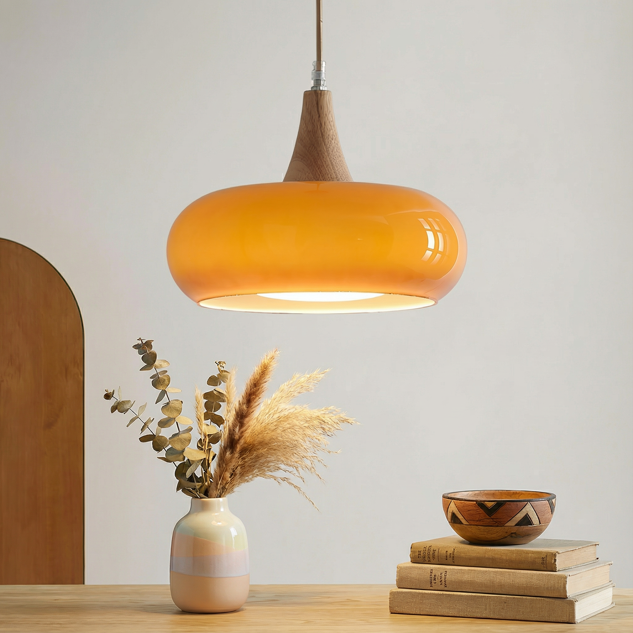 AmberGlow | Elegant Amber Glass Kitchen Pendant Lighting with Wooden Top
