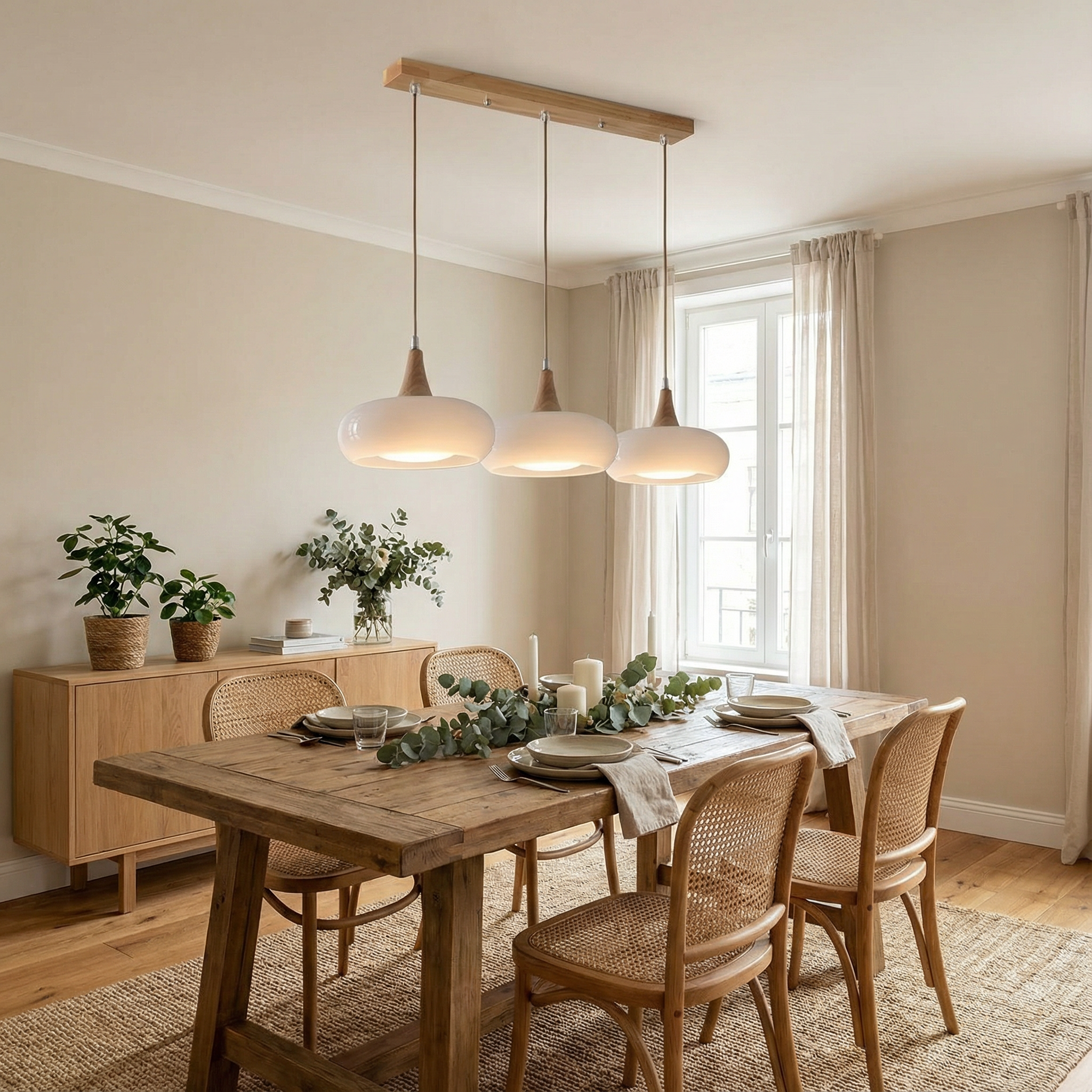 AmberGlow | Elegant Amber Glass Kitchen Pendant Lighting with Wooden Top
