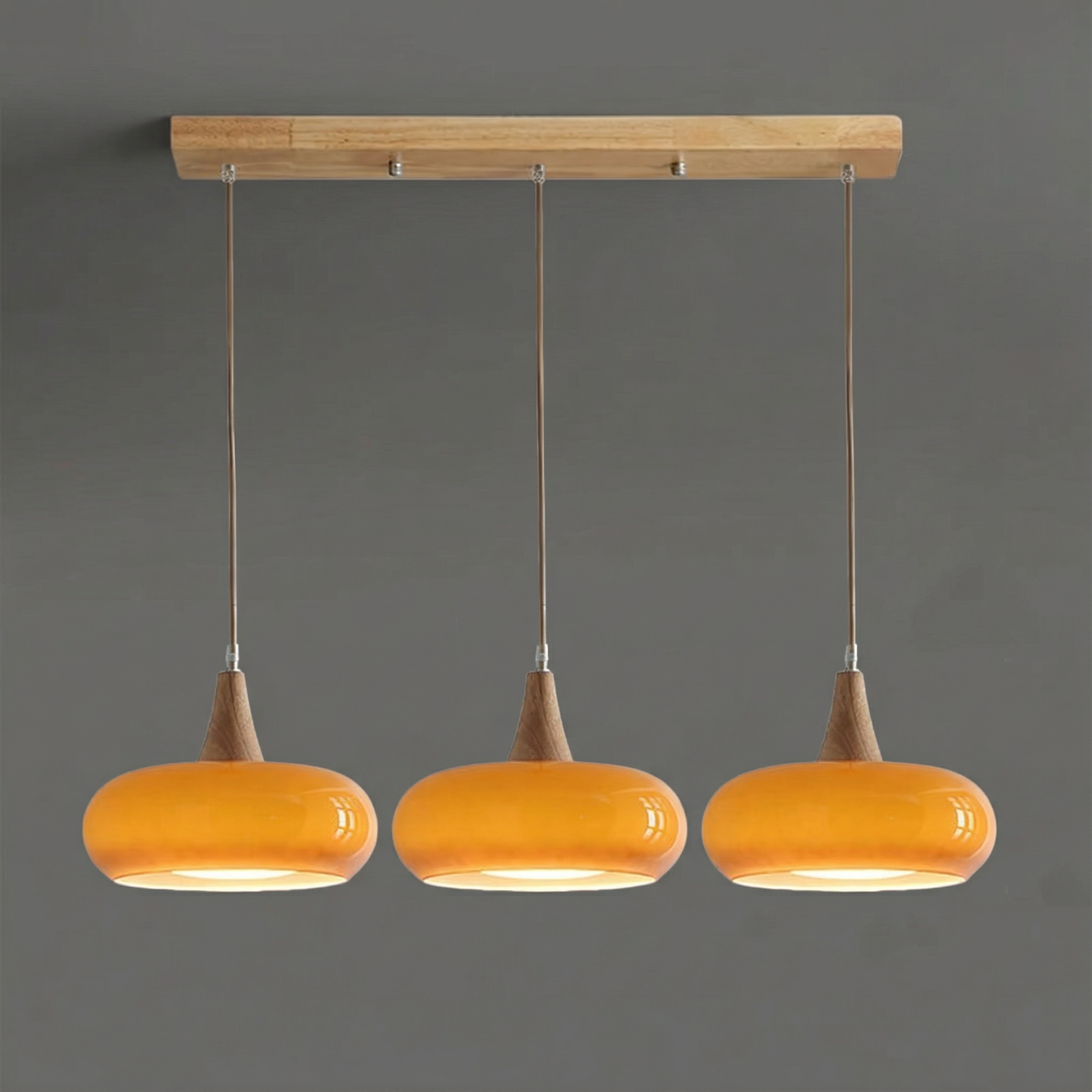 AmberGlow | Elegant Amber Glass Kitchen Pendant Lighting with Wooden Top