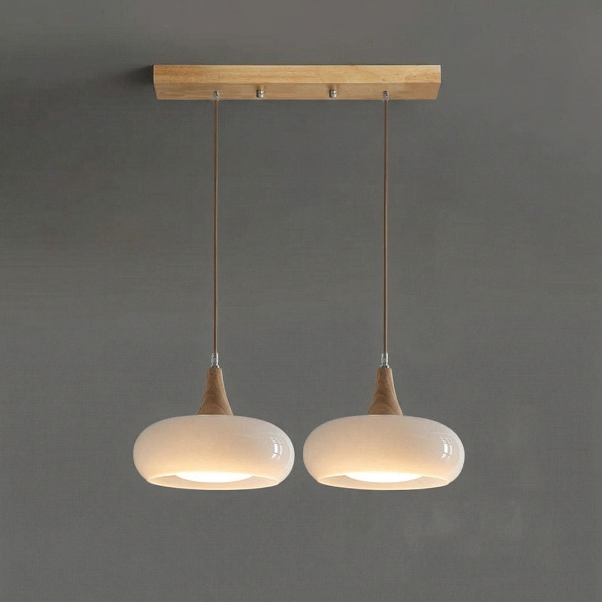 AmberGlow | Elegant Amber Glass Kitchen Pendant Lighting with Wooden Top