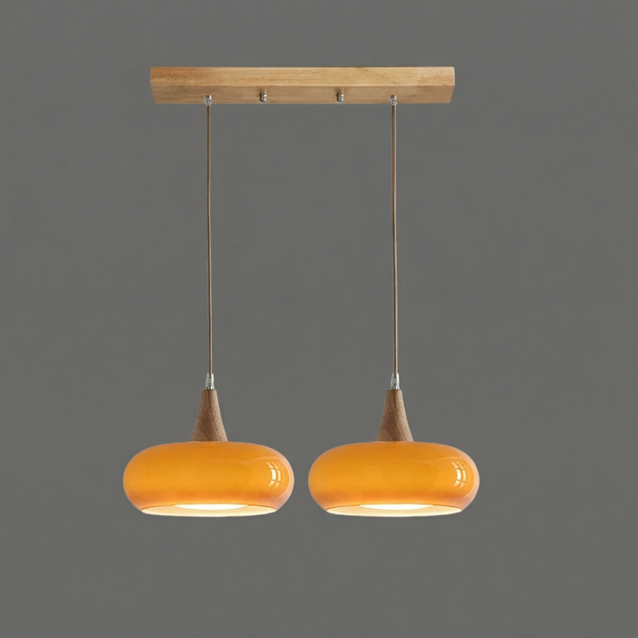 AmberGlow | Elegant Amber Glass Kitchen Pendant Lighting with Wooden Top