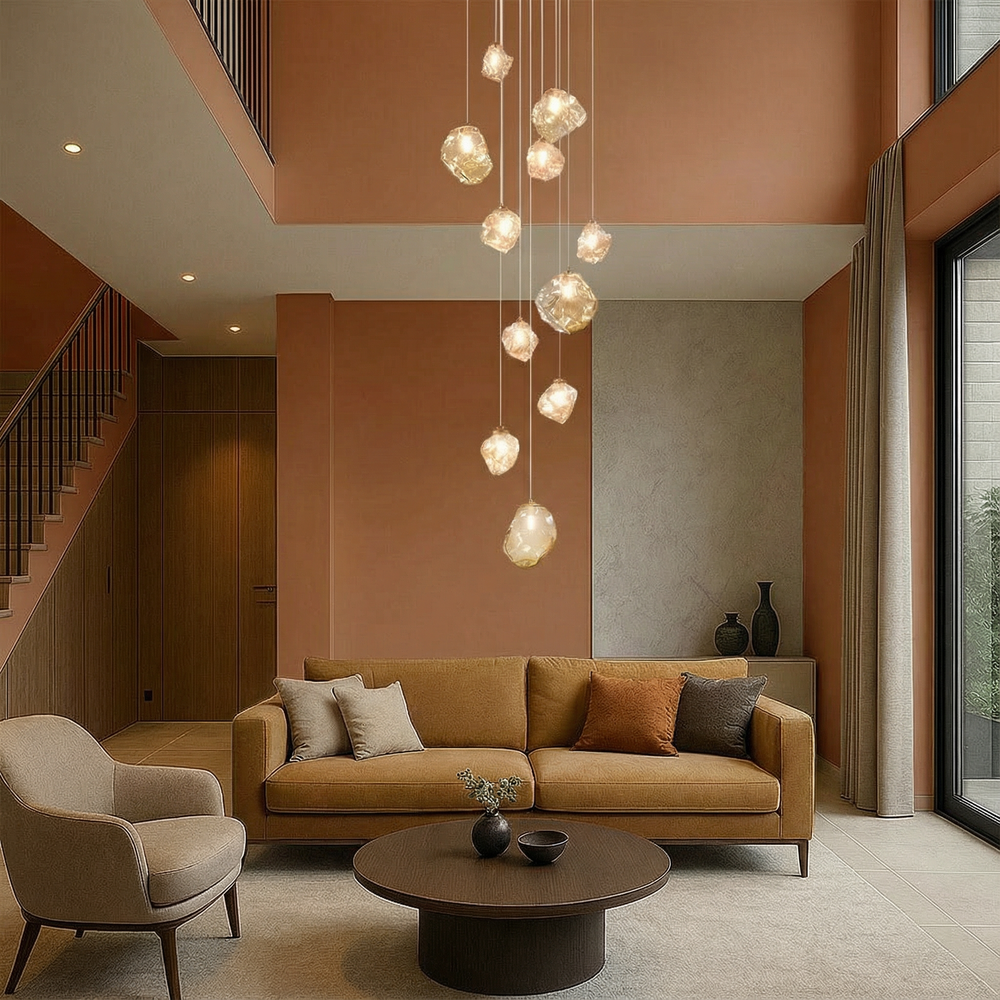 Staircase Chandelier for High Ceilings | Modern Glass Pendant Light | Kelvinum