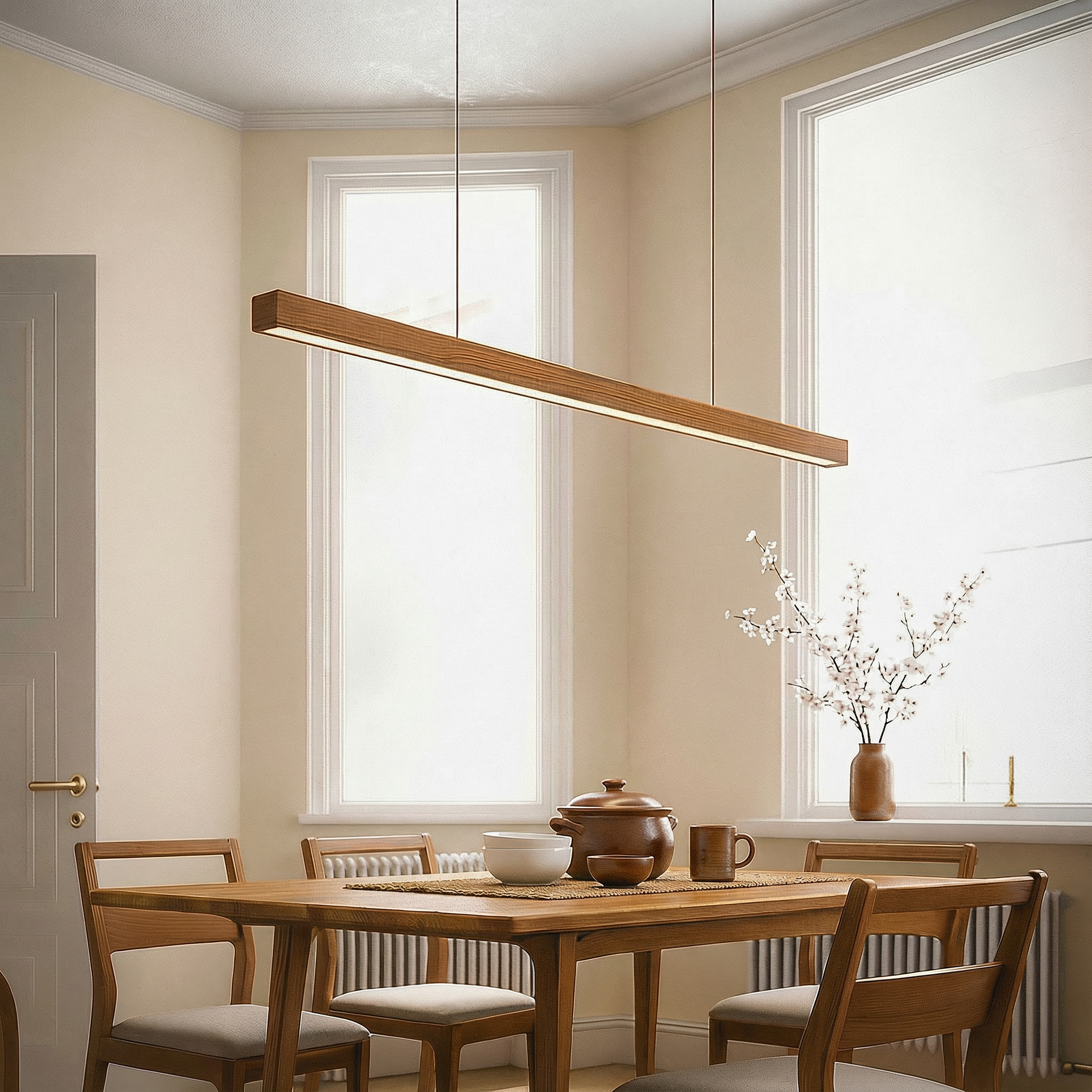 Modern Linear Wood Pendant Light | LED Ceiling Lamp for Kitchen Island & Dining Table