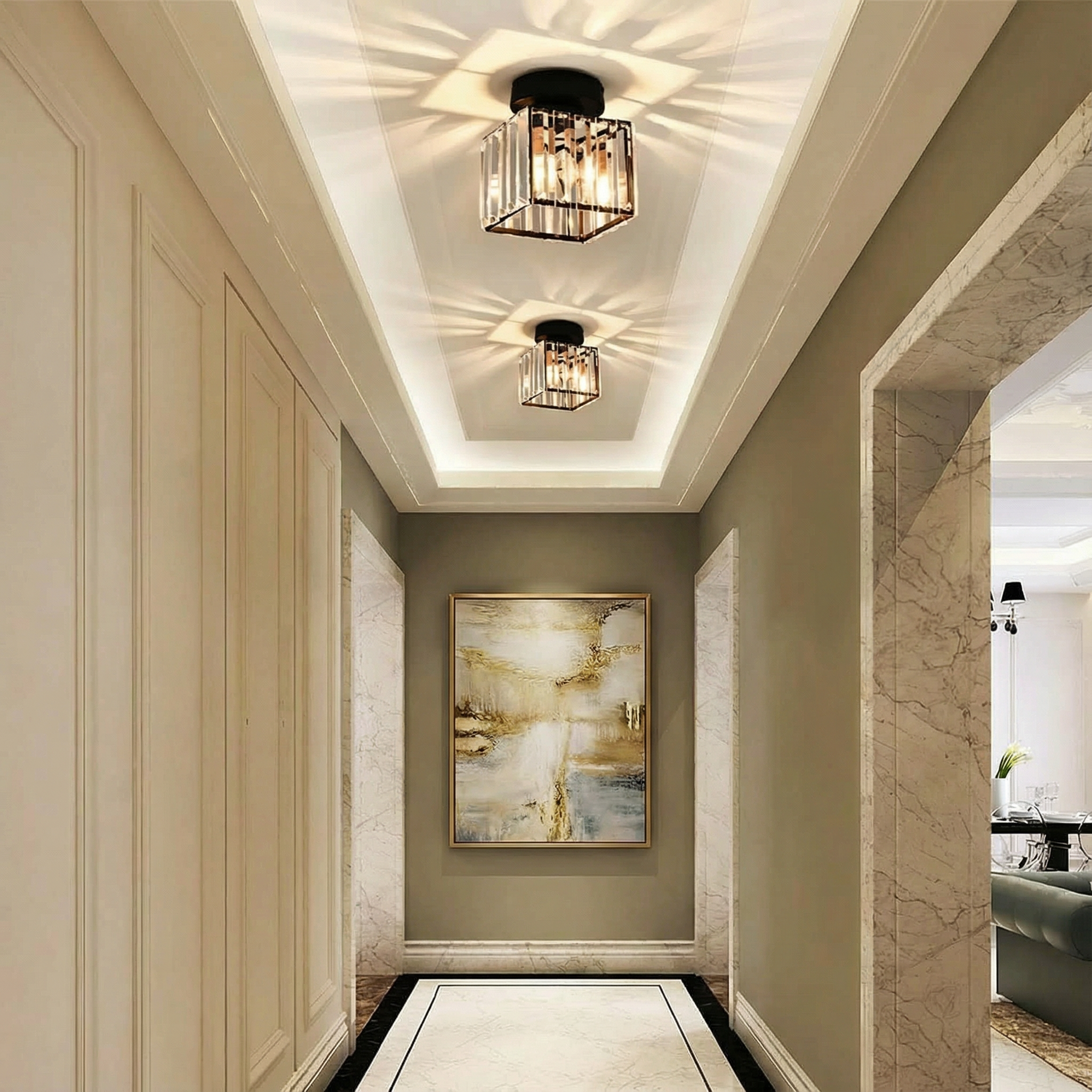 Luminara | Sleek Modern Crystal Brass Ceiling Light Fixture