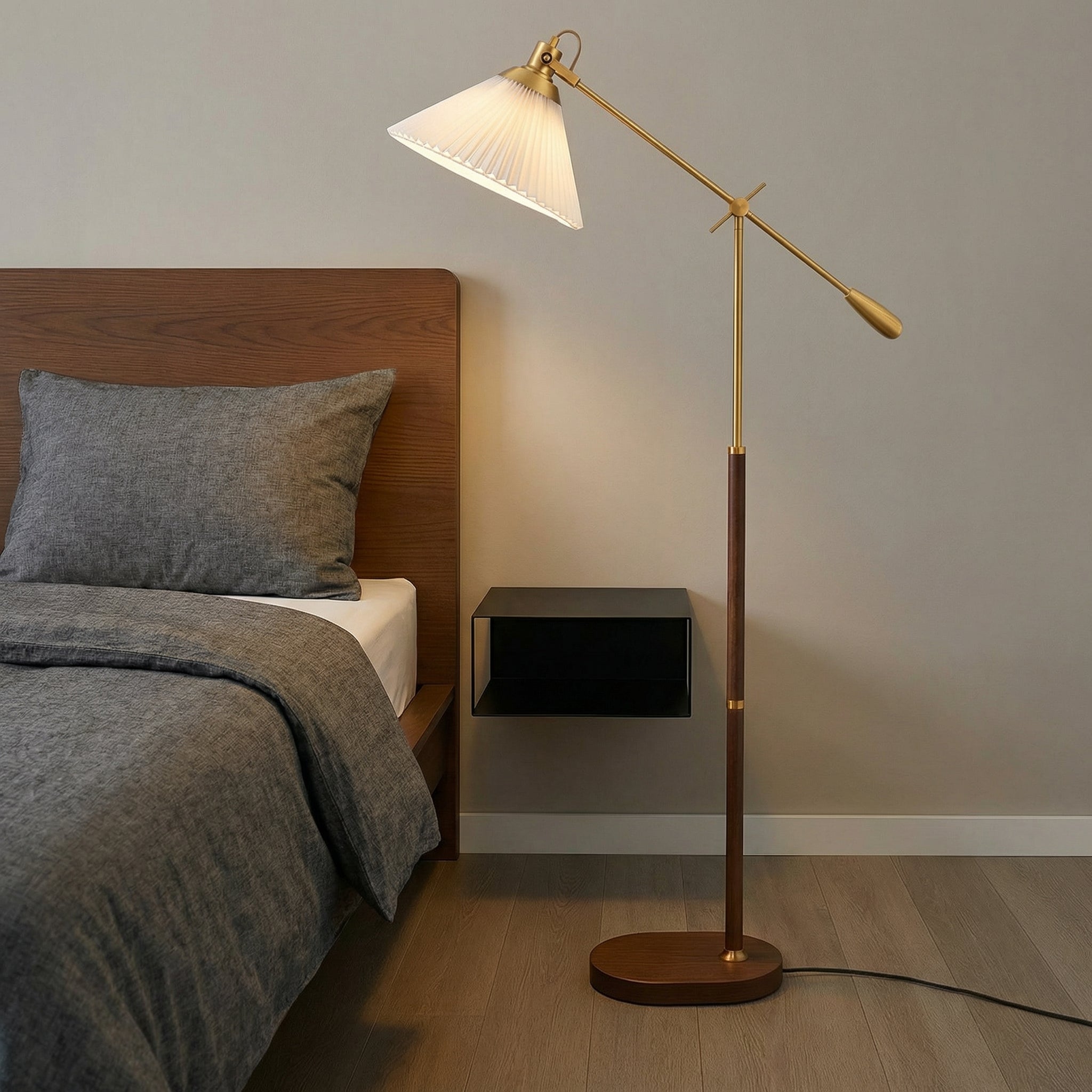 Elegant Brass Floor Lamp with Adjustable Arm & Pleated Shade | Modern Lighting for Living Room