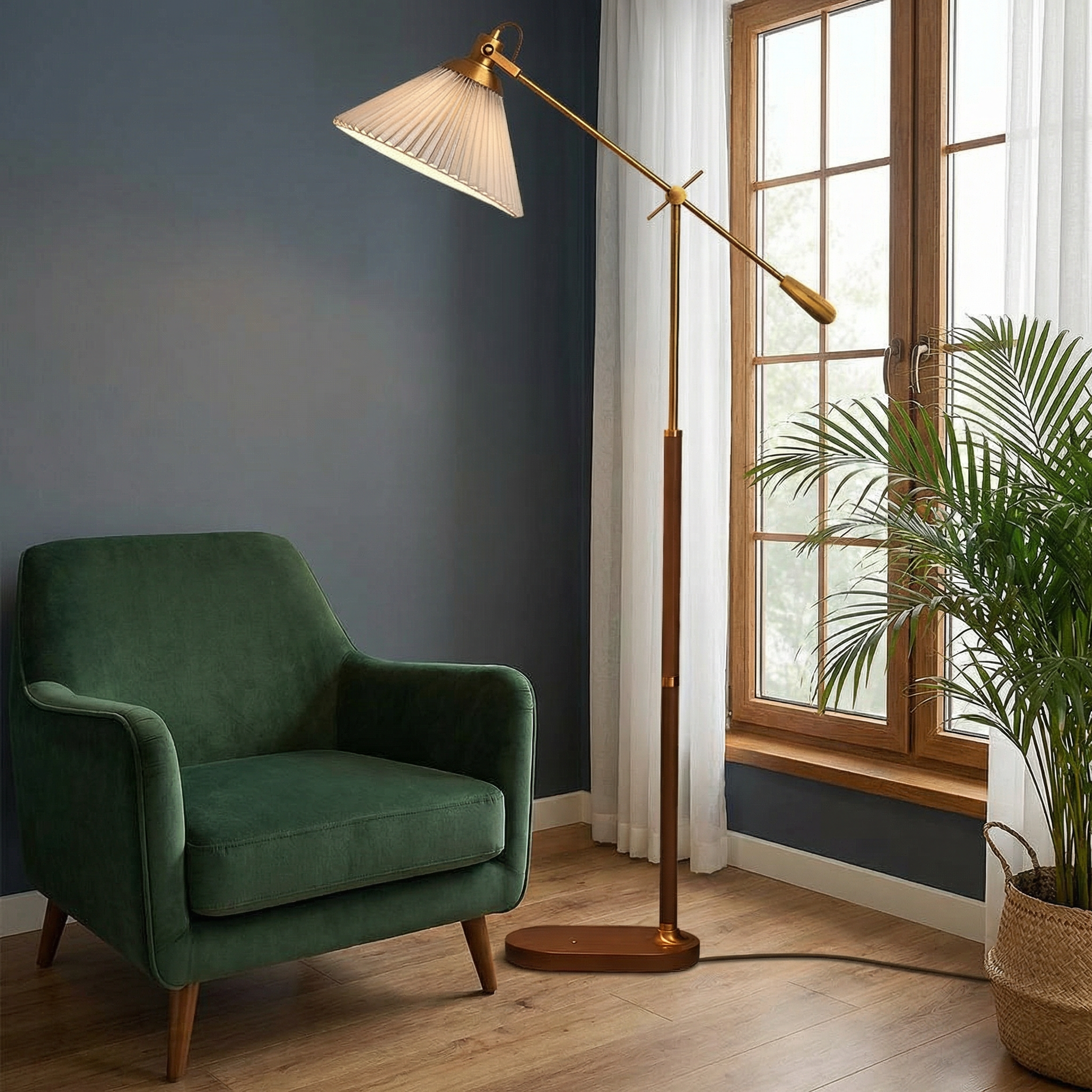 Elegant Brass Floor Lamp with Adjustable Arm & Pleated Shade | Modern Lighting for Living Room