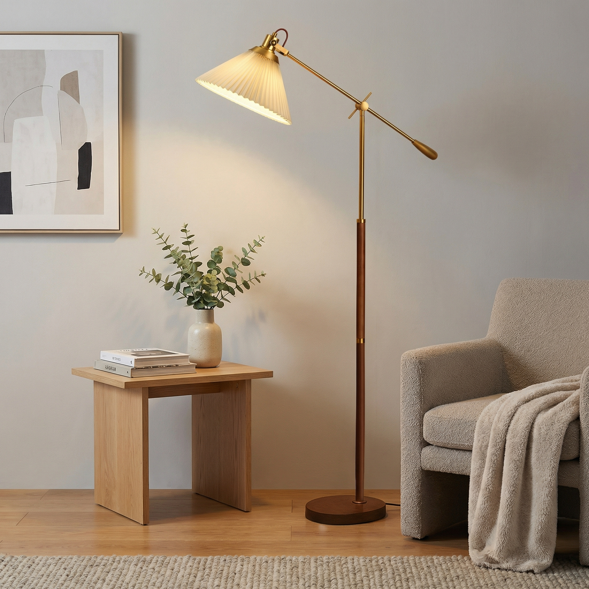 Elegant Brass Floor Lamp with Adjustable Arm & Pleated Shade | Modern Lighting for Living Room